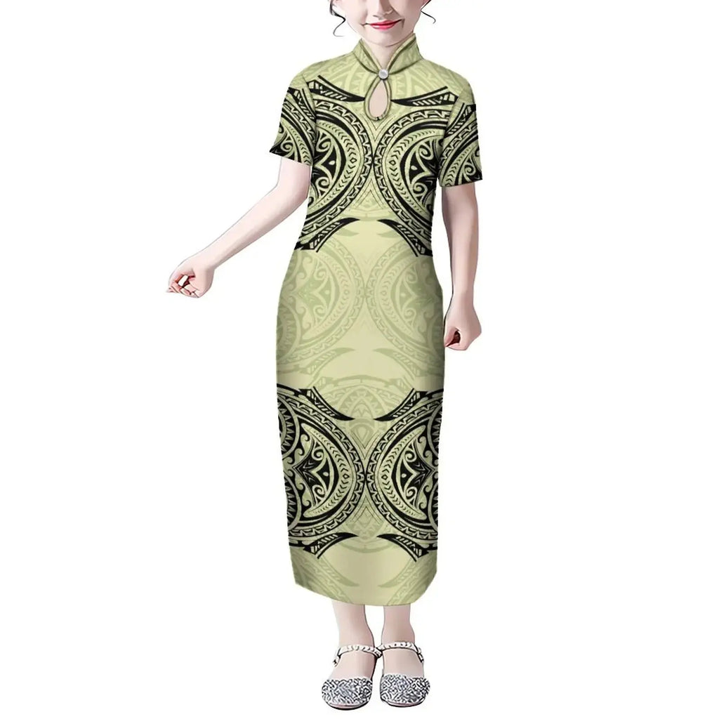 Mandarin Collar Short Sleeve Toddler Kids Dress Custom Hibiscus Flower Polynesian Tribal Printed Girls Dress Children Clothing Boutique Mélange Parfait