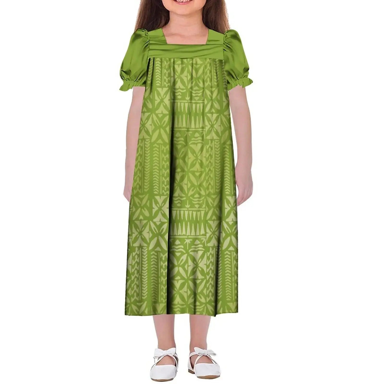 New Design Customized Polynesian Tribal Printed Girls Micronesian Mumu Children Clothing Kids Puff Sleeve Puffy Dress for Girls Boutique Mélange Parfait