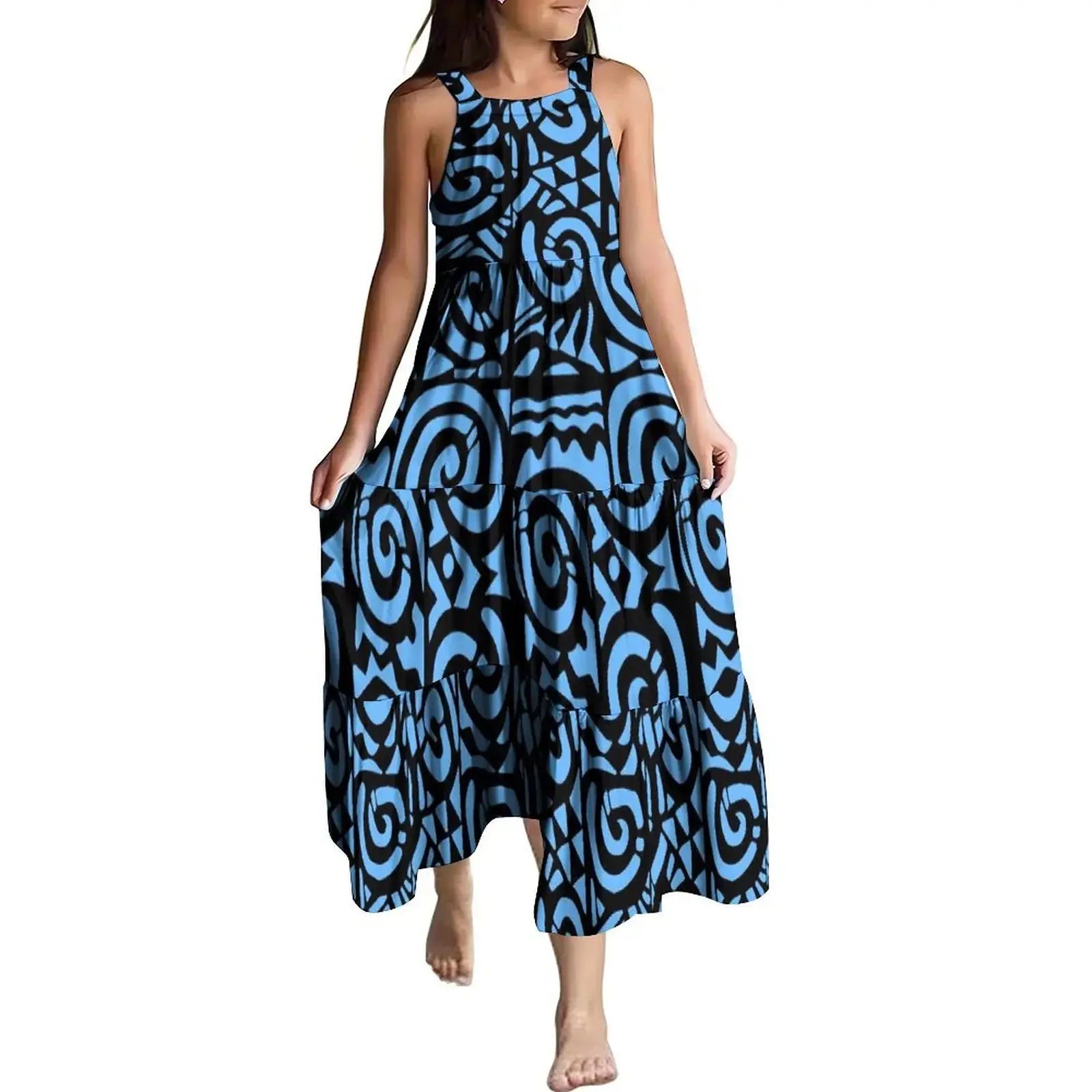 Hawaiian Style Tropical Floral Printing Sleeveless Sling Kids Dress Summer Beach Long Girls Dress OEM Custom Children Clothing Boutique Mélange Parfait