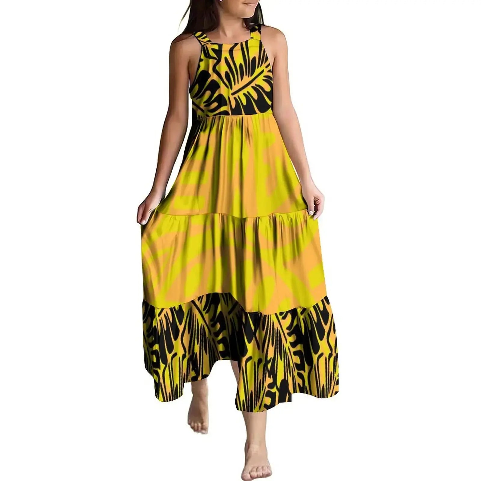 Hawaiian Style Tropical Floral Printing Sleeveless Sling Kids Dress Summer Beach Long Girls Dress OEM Custom Children Clothing Boutique Mélange Parfait