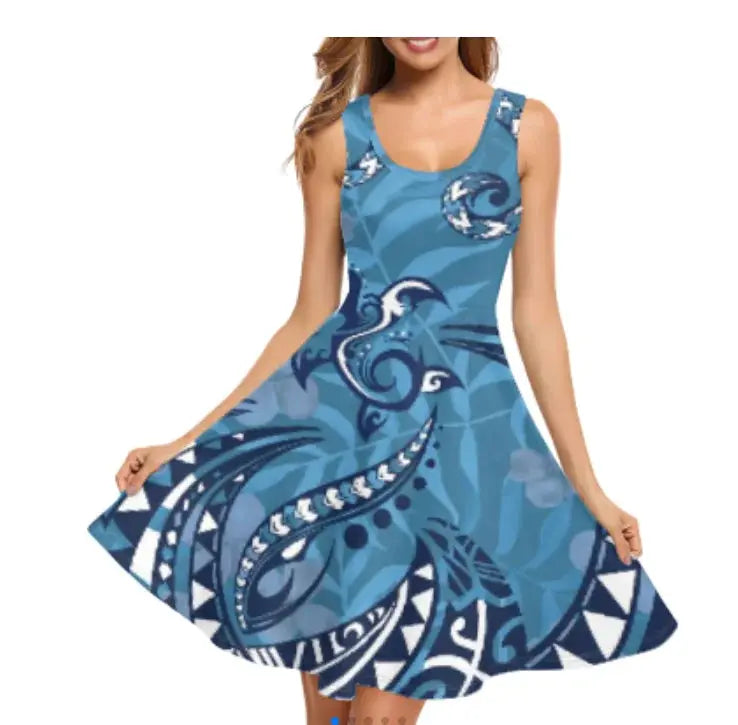 Print on Demand Wholesale Custom Blue Polynesian Pattern Women's Summer Spaghetti Strap Casual Swing Tank Beach Cover up Dress Boutique Mélange Parfait