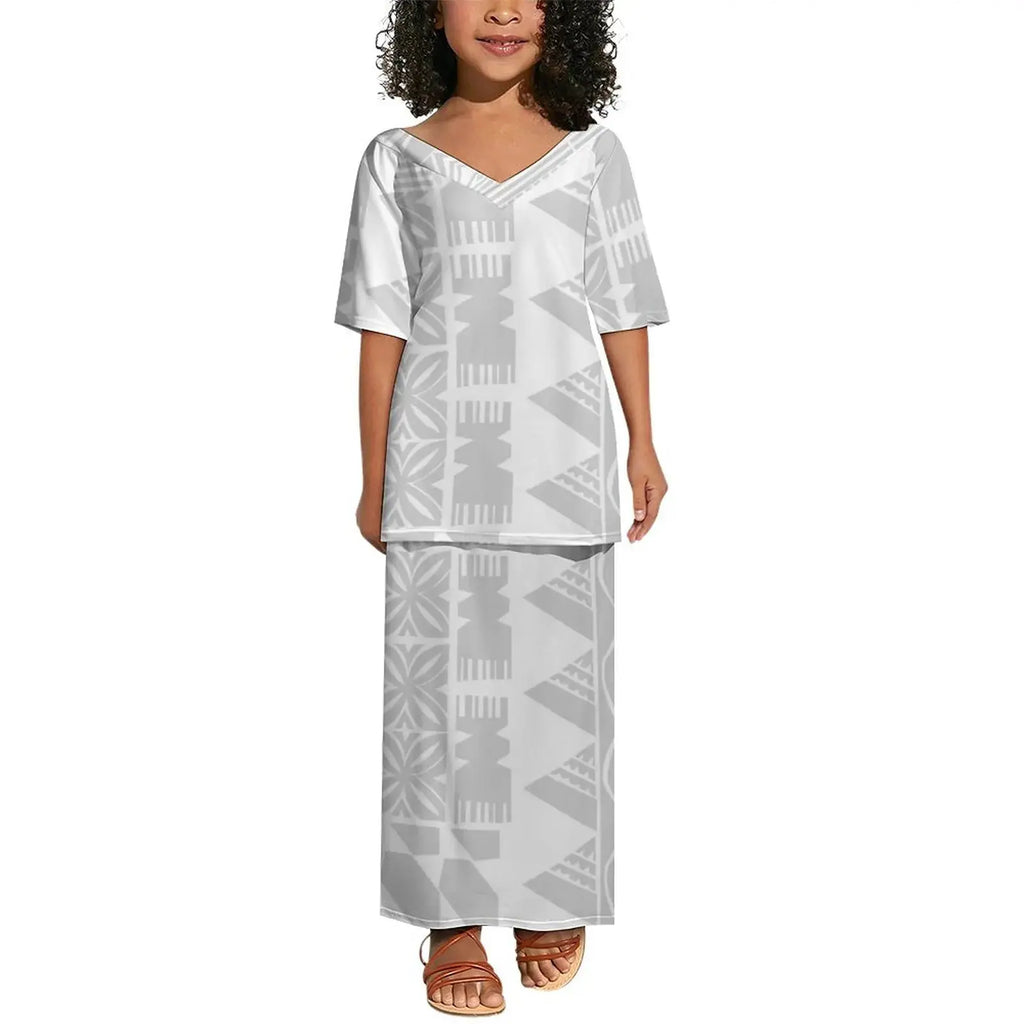 Wholesale Customized Polynesian Tribal Girls Dress Kids Clothes Printed Kids Floral Dresses Milk Silk Puletasi Children Clothing Boutique Mélange Parfait