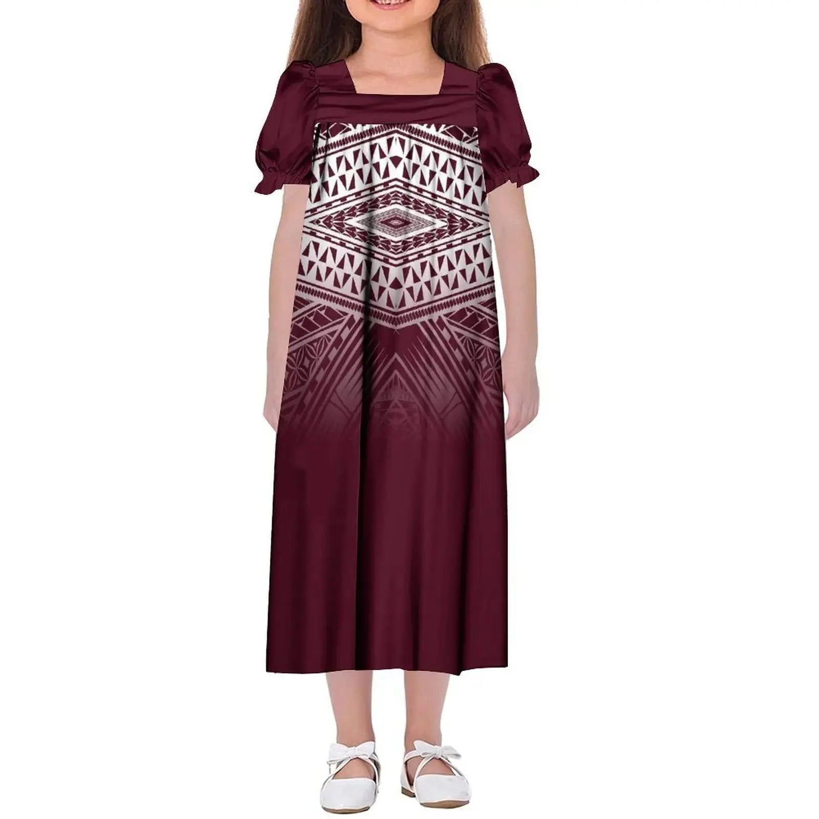 New Design Customized Polynesian Tribal Printed Girls Micronesian Mumu Children Clothing Kids Puff Sleeve Puffy Dress for Girls Boutique Mélange Parfait