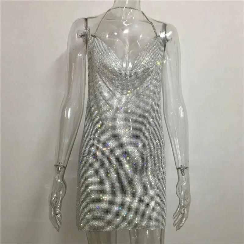 Women Gold Silver Black Backless Halter Drape Diamond Dresses Green Pink Rhinestone Chainmail Side Slit Mini Dress Boutique Mélange Parfait
