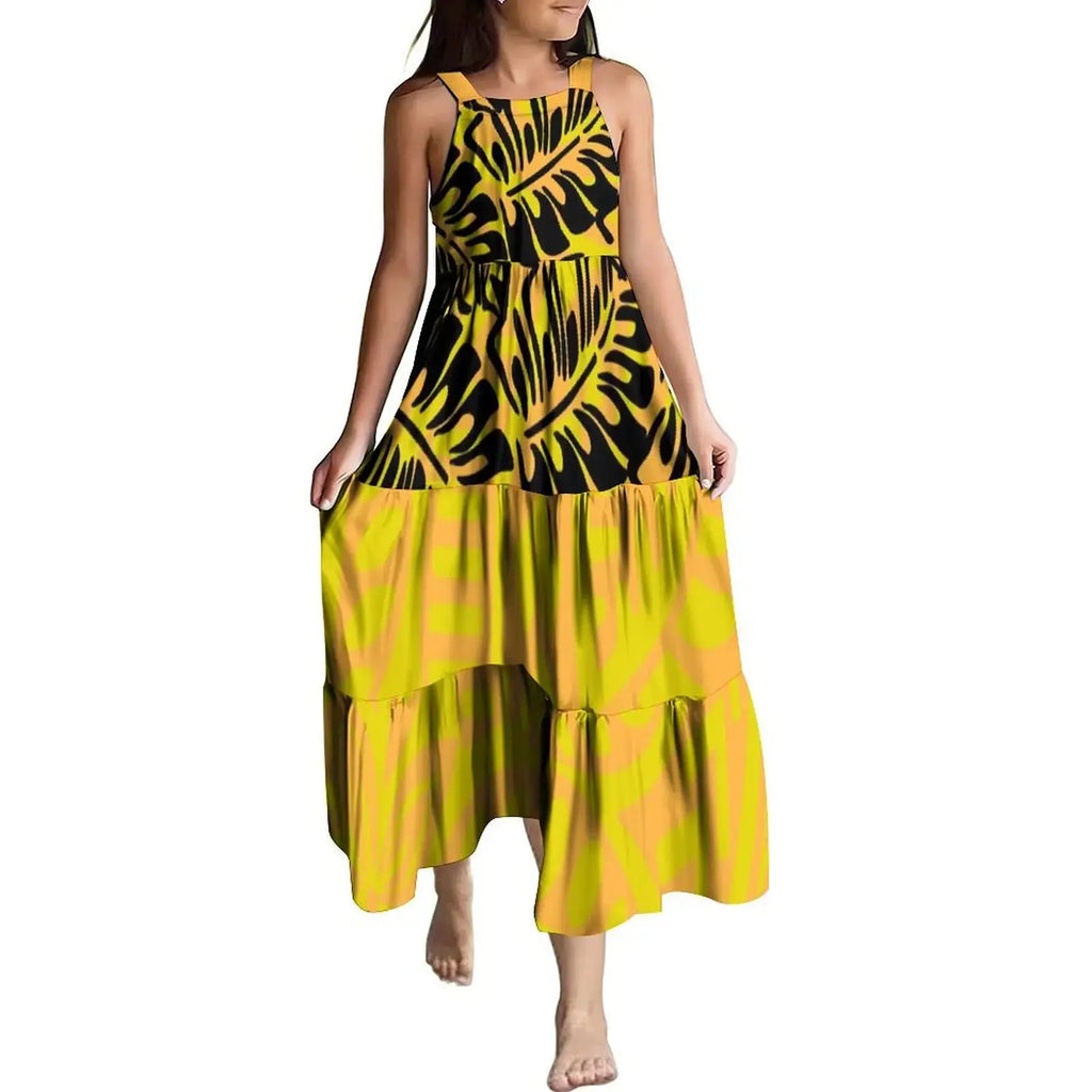 Hawaiian Style Tropical Floral Printing Sleeveless Sling Kids Dress Summer Beach Long Girls Dress OEM Custom Children Clothing Boutique Mélange Parfait
