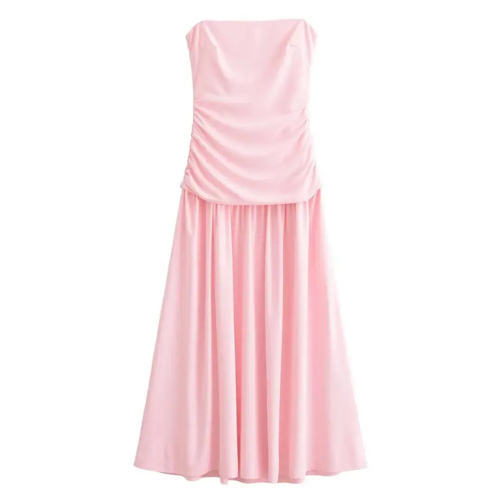 KAR&OT ZA 2025 Spring Women's New Arrivals Pleated Decorated Tube Top Sleeveless Long Slim Midi Dress 2421262 Boutique Mélange Parfait