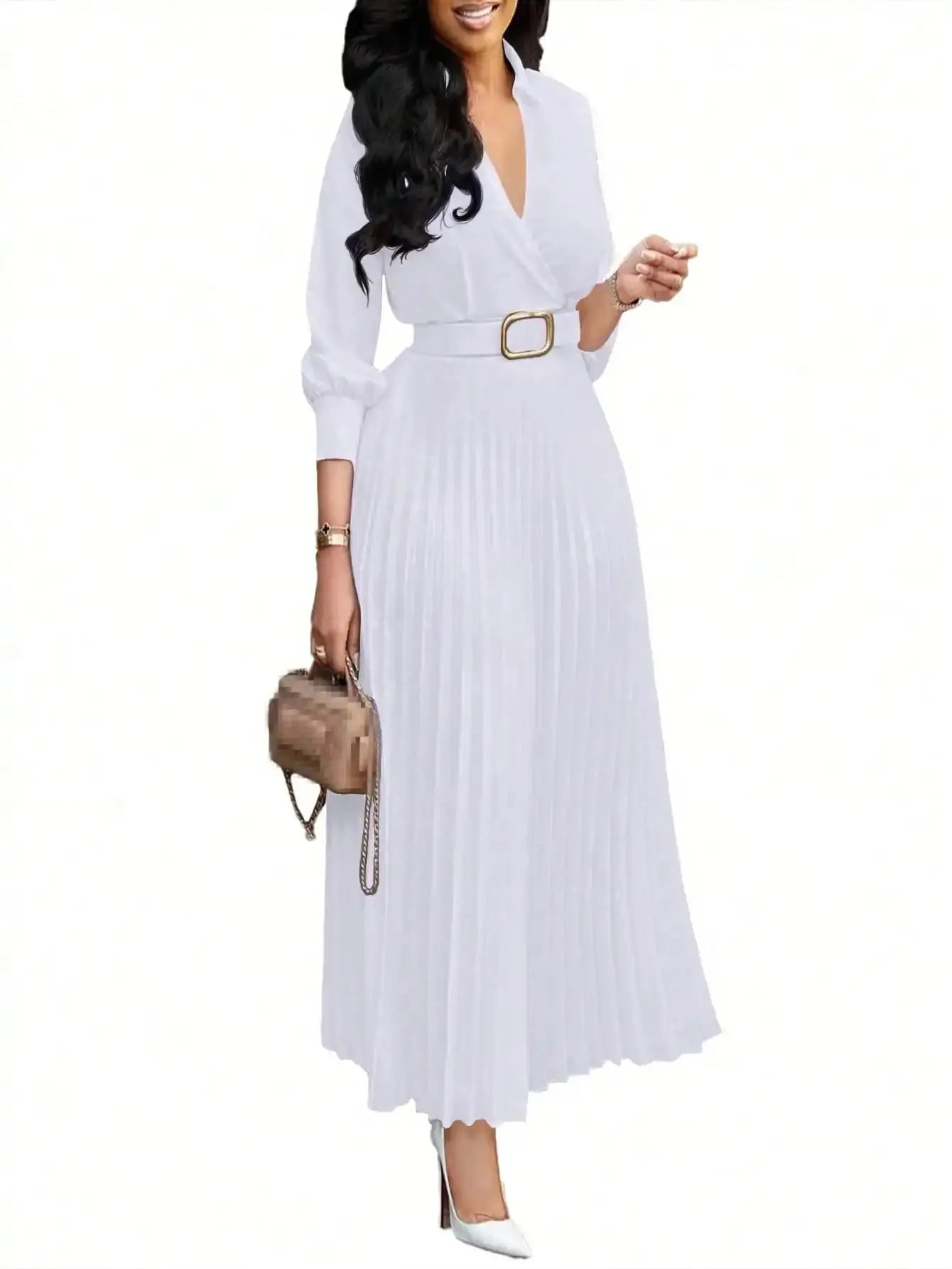 2026 Trendy Spring Dresses Women Lady Elegant Long Sleeve V-neck Pleated Office Dress Elegant Casual Dresses With Belt Boutique Mélange Parfait