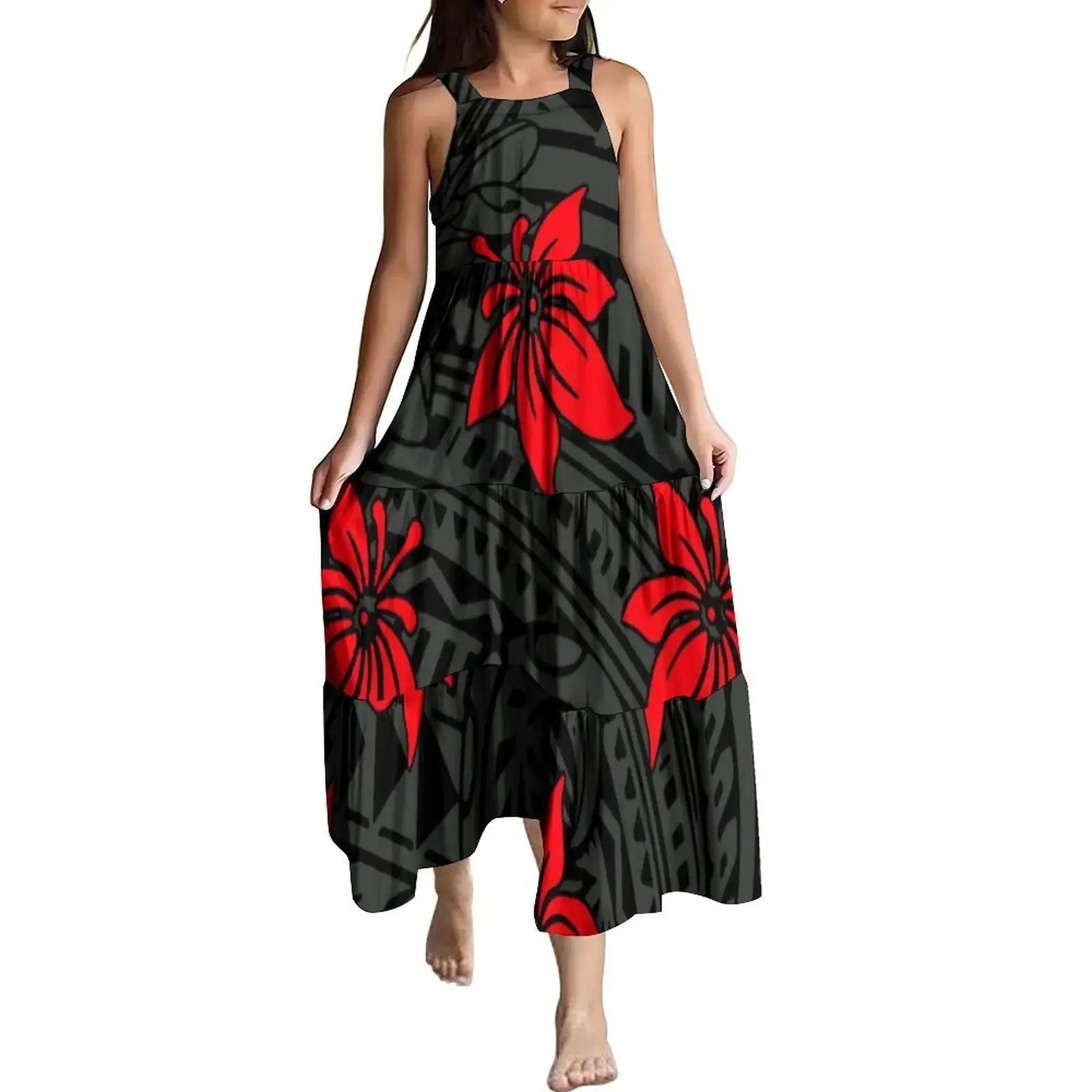 Hawaiian Style Tropical Floral Printing Sleeveless Sling Kids Dress Summer Beach Long Girls Dress OEM Custom Children Clothing Boutique Mélange Parfait
