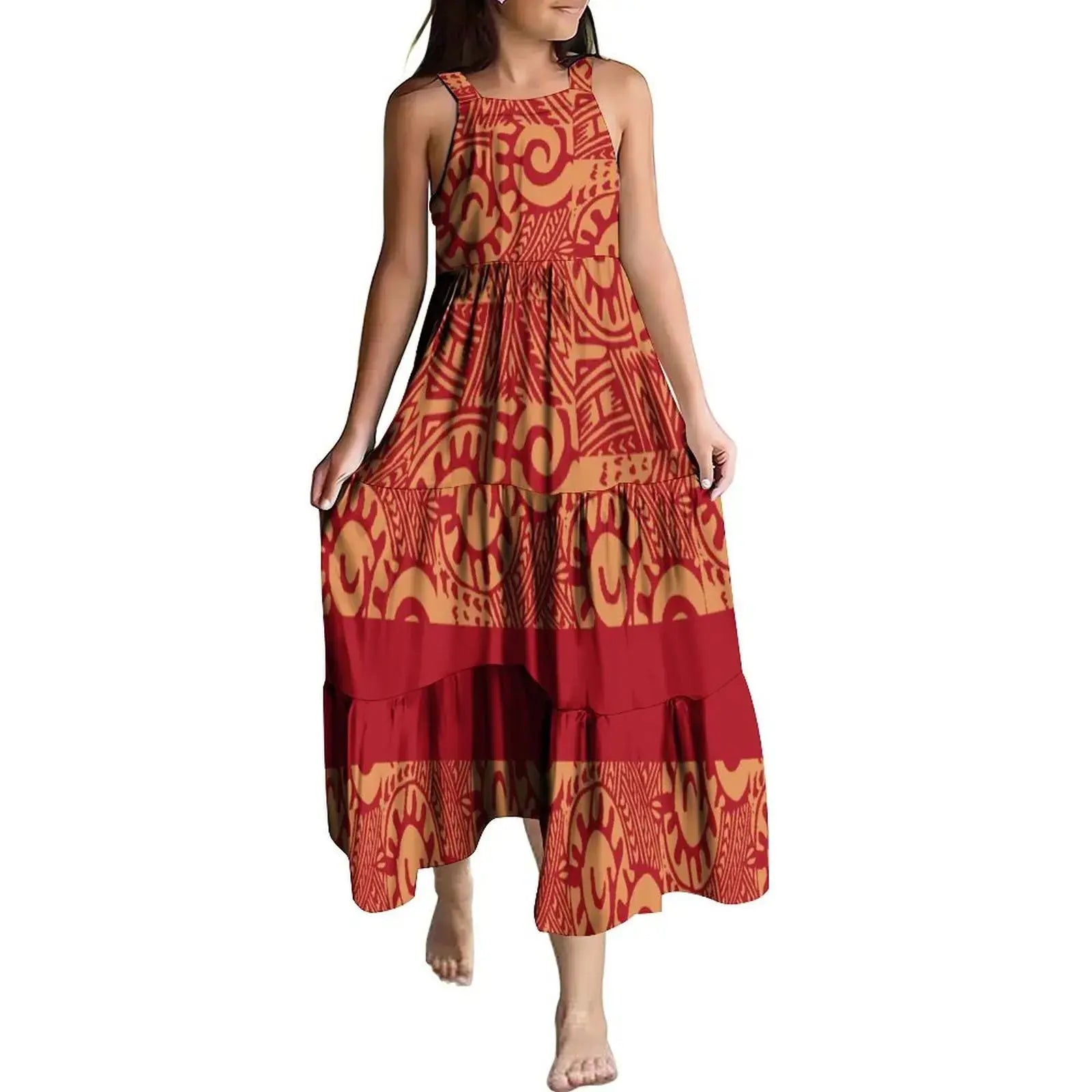 Hawaiian Style Tropical Floral Printing Sleeveless Sling Kids Dress Summer Beach Long Girls Dress OEM Custom Children Clothing Boutique Mélange Parfait