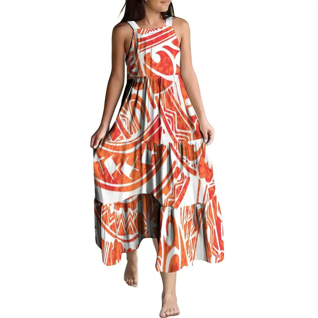Hawaiian Style Tropical Floral Printing Sleeveless Sling Kids Dress Summer Beach Long Girls Dress OEM Custom Children Clothing Boutique Mélange Parfait