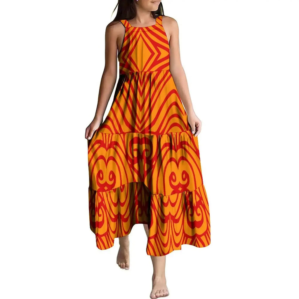 Hawaiian Style Tropical Floral Printing Sleeveless Sling Kids Dress Summer Beach Long Girls Dress OEM Custom Children Clothing Boutique Mélange Parfait