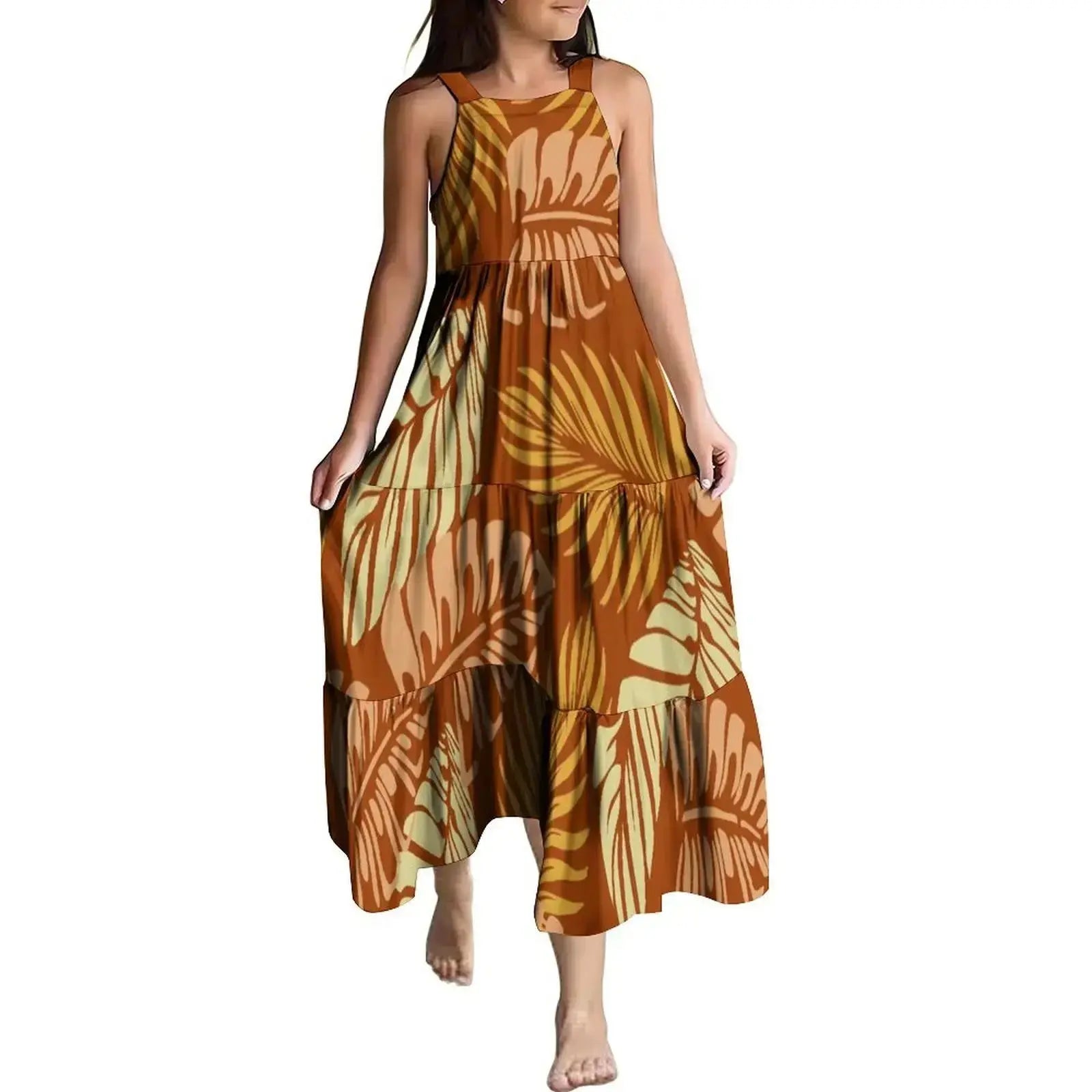 Hawaiian Style Tropical Floral Printing Sleeveless Sling Kids Dress Summer Beach Long Girls Dress OEM Custom Children Clothing Boutique Mélange Parfait