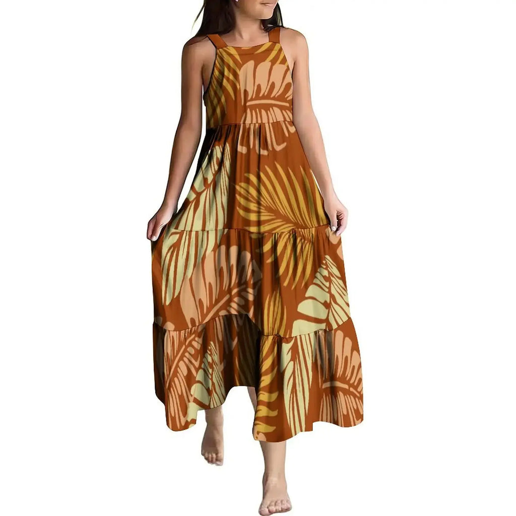 Hawaiian Style Tropical Floral Printing Sleeveless Sling Kids Dress Summer Beach Long Girls Dress OEM Custom Children Clothing Boutique Mélange Parfait