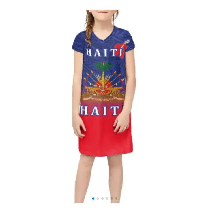 Promotional Custom Wholesale Breathable Luxury Haitian Dress Haiti Flag Kids Dresses for Girls Dresses 2-12 Children Clothing Boutique Mélange Parfait