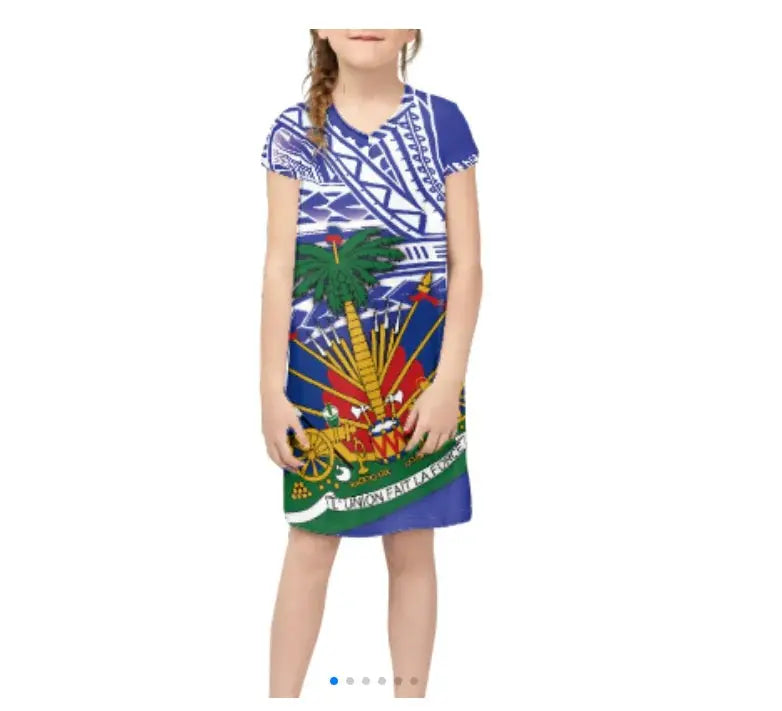 Promotional Custom Wholesale Breathable Luxury Haitian Dress Haiti Flag Kids Dresses for Girls Dresses 2-12 Children Clothing Boutique Mélange Parfait