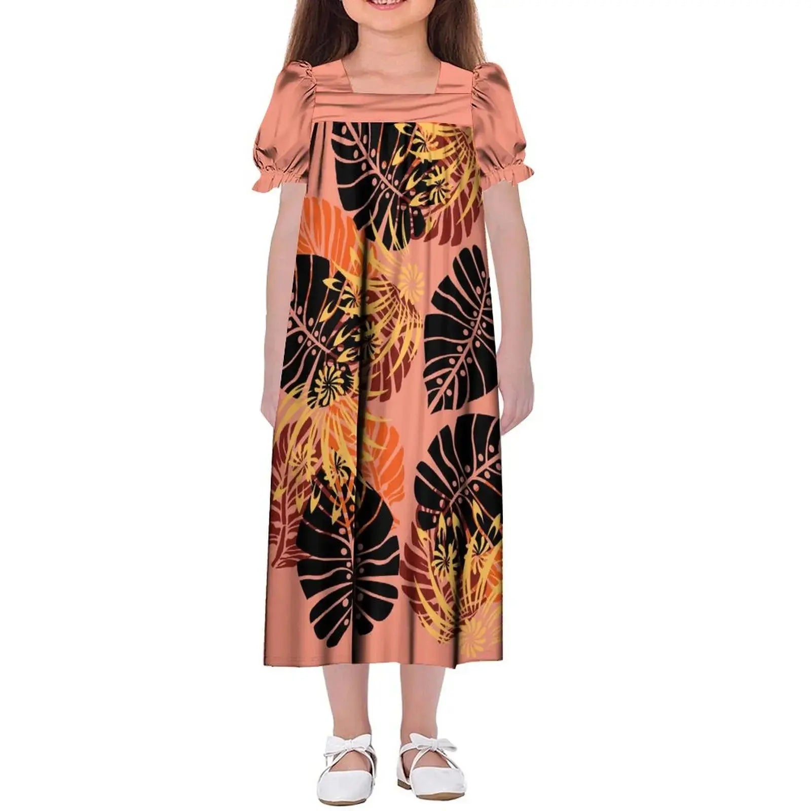New Design Customized Polynesian Tribal Printed Girls Micronesian Mumu Children Clothing Kids Puff Sleeve Puffy Dress for Girls Boutique Mélange Parfait