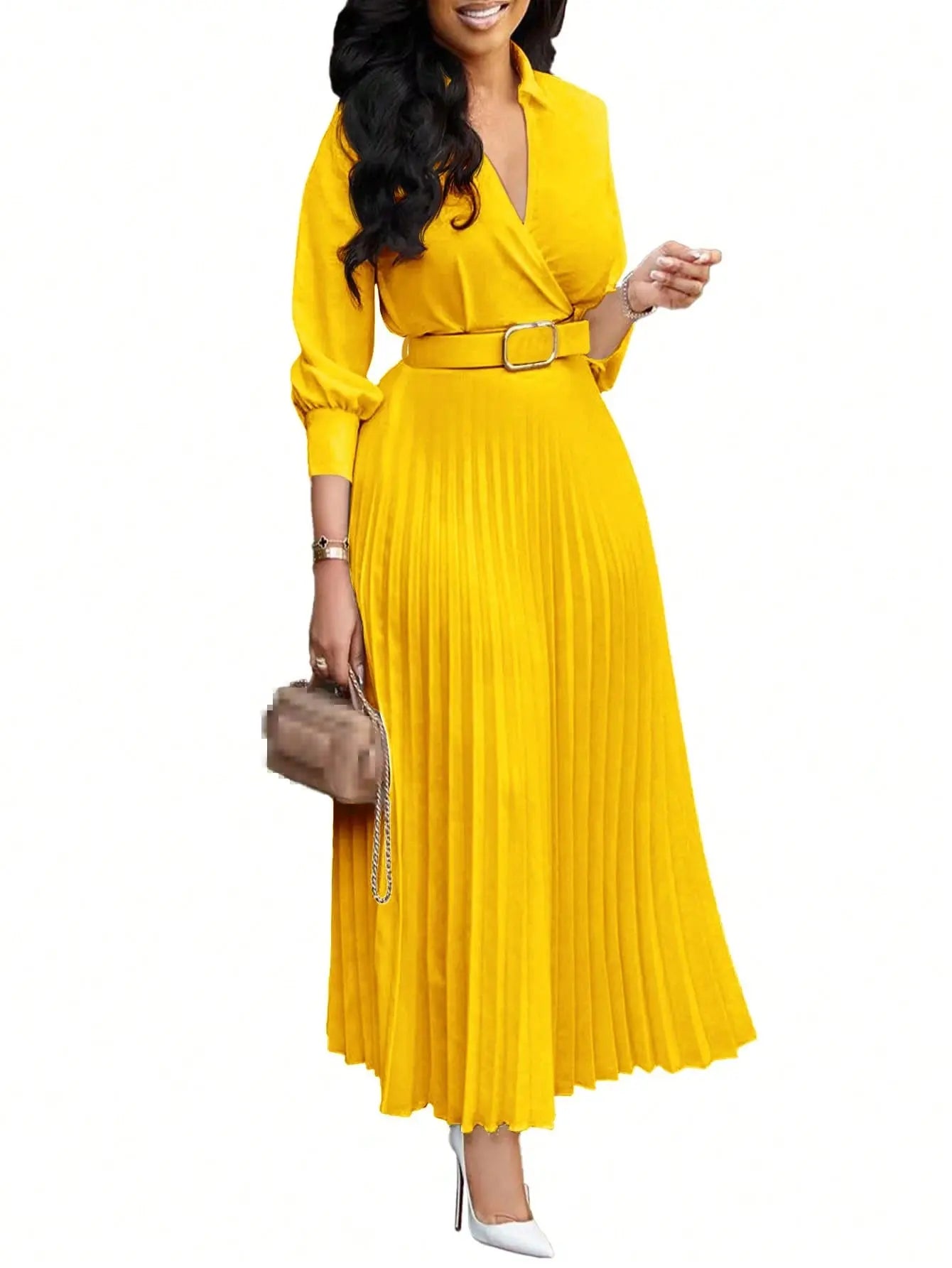 2026 Trendy Spring Dresses Women Lady Elegant Long Sleeve V-neck Pleated Office Dress Elegant Casual Dresses With Belt Boutique Mélange Parfait