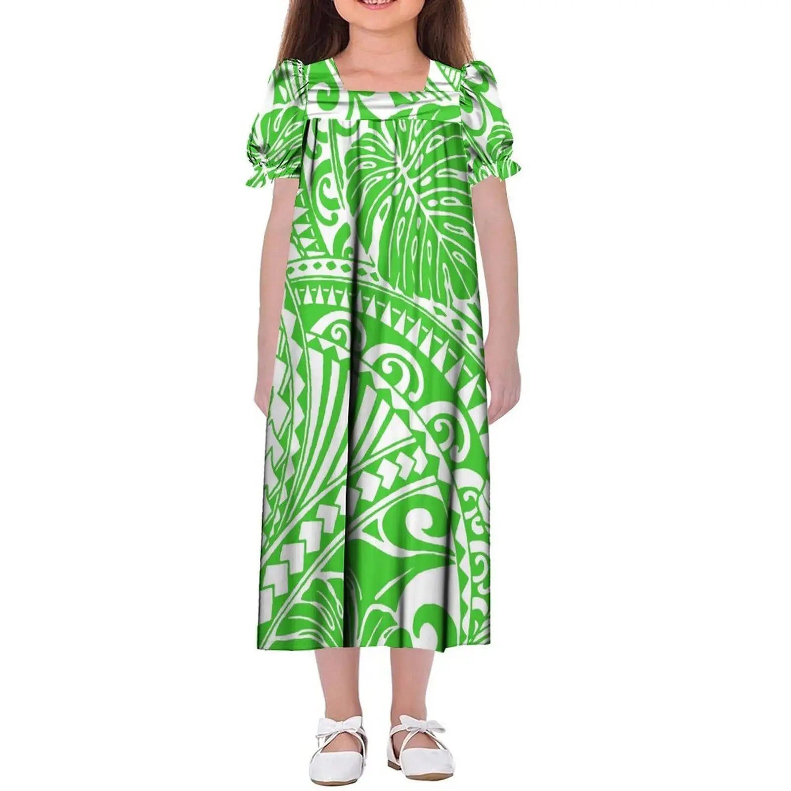New Design Customized Polynesian Tribal Printed Girls Micronesian Mumu Children Clothing Kids Puff Sleeve Puffy Dress for Girls Boutique Mélange Parfait