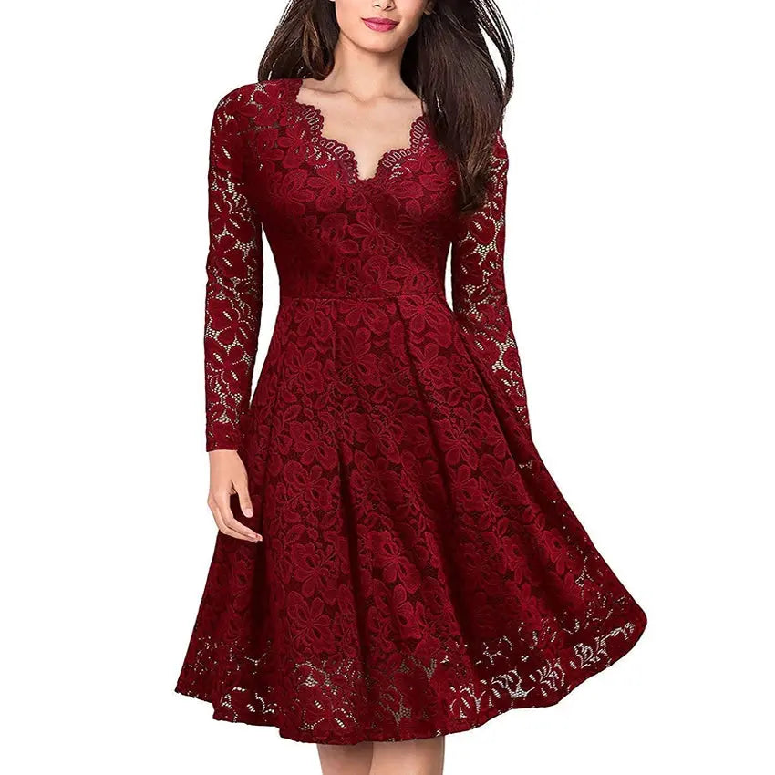 Spring Europe Women V-neck Lace Floral Elegant Casual Dress Lining Long Sleeve Fashion Lady Women Irregular A-line Party Dress Boutique Mélange Parfait