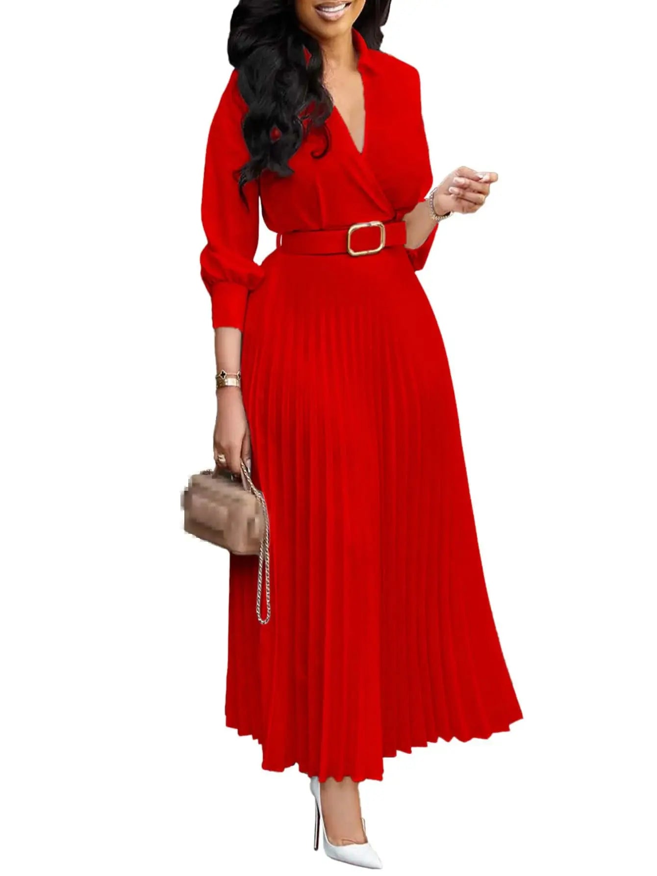 2026 Trendy Spring Dresses Women Lady Elegant Long Sleeve V-neck Pleated Office Dress Elegant Casual Dresses With Belt Boutique Mélange Parfait