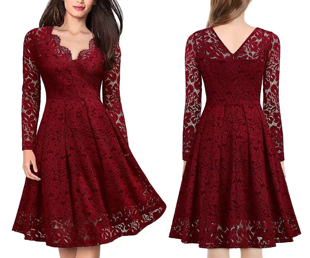 Spring Europe Women V-neck Lace Floral Elegant Casual Dress Lining Long Sleeve Fashion Lady Women Irregular A-line Party Dress Boutique Mélange Parfait