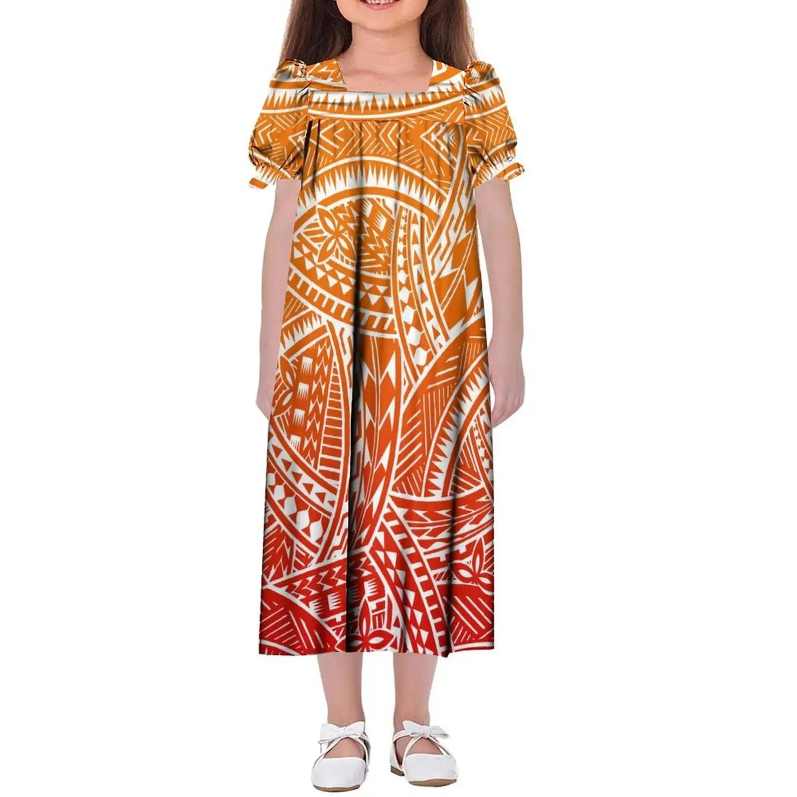 New Design Customized Polynesian Tribal Printed Girls Micronesian Mumu Children Clothing Kids Puff Sleeve Puffy Dress for Girls Boutique Mélange Parfait