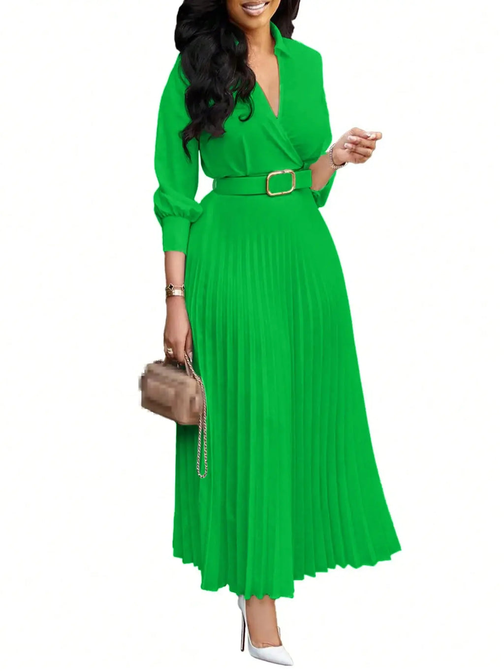 2026 Trendy Spring Dresses Women Lady Elegant Long Sleeve V-neck Pleated Office Dress Elegant Casual Dresses With Belt Boutique Mélange Parfait