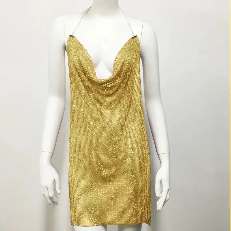 Women Gold Silver Black Backless Halter Drape Diamond Dresses Green Pink Rhinestone Chainmail Side Slit Mini Dress Boutique Mélange Parfait
