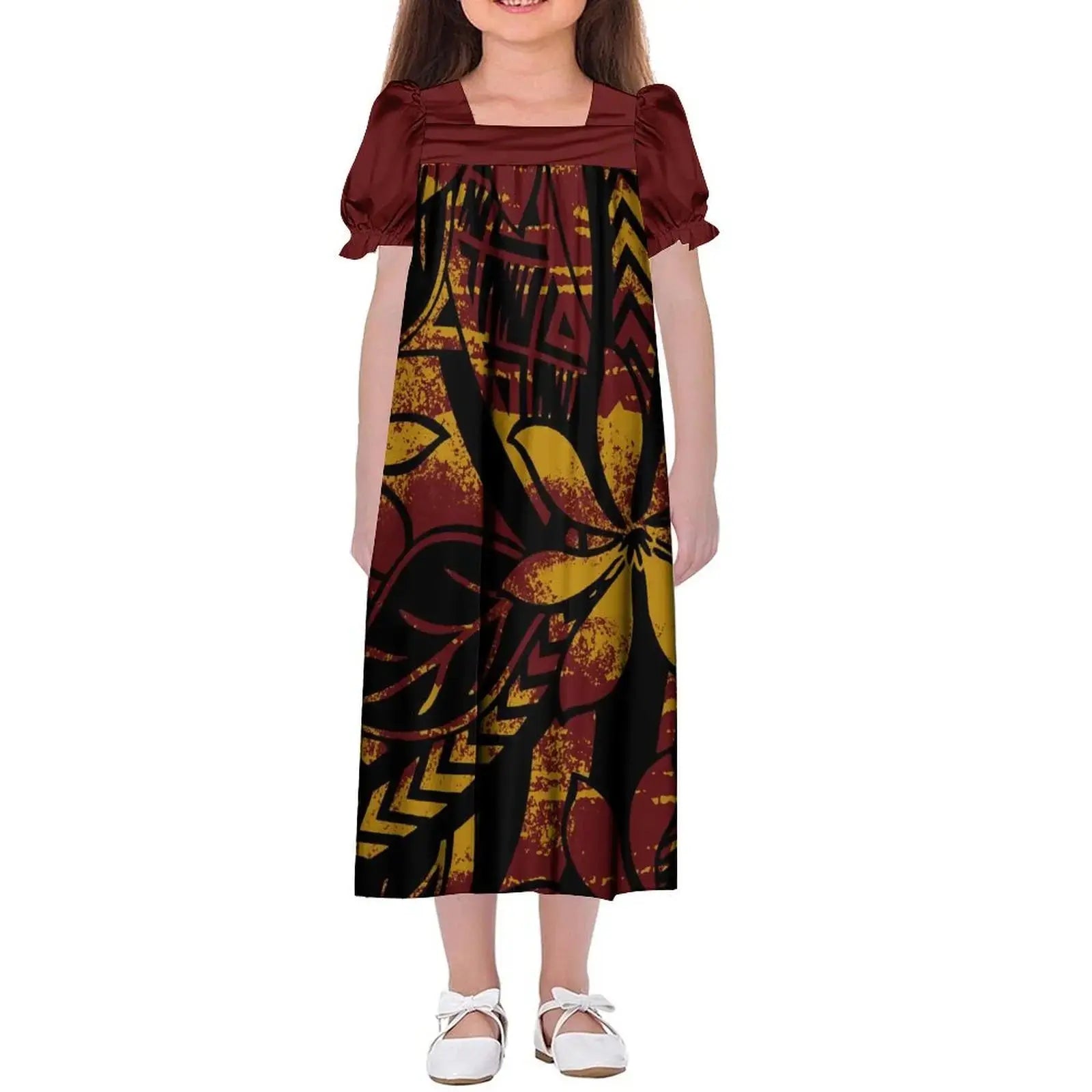 New Design Customized Polynesian Tribal Printed Girls Micronesian Mumu Children Clothing Kids Puff Sleeve Puffy Dress for Girls Boutique Mélange Parfait