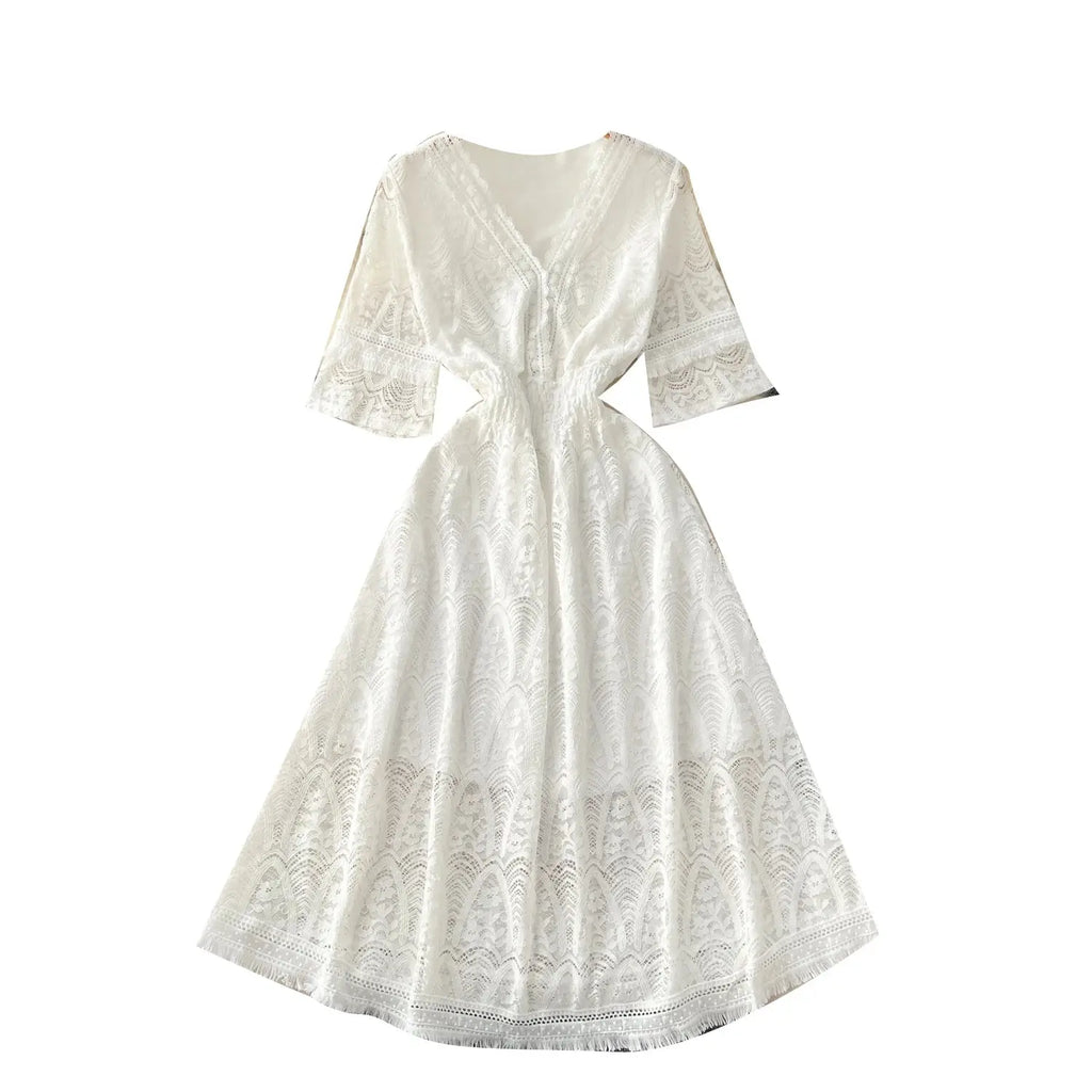 Roman V-Neck Tunic Slim Casual Midi Dress for Women Empire Hollow Out Lace Dress White Boutique Mélange Parfait