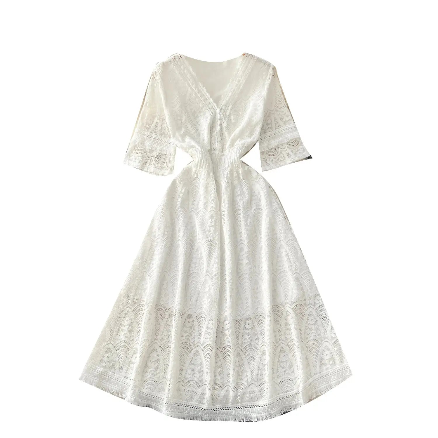 Roman V-Neck Tunic Slim Casual Midi Dress for Women Empire Hollow Out Lace Dress White Boutique Mélange Parfait