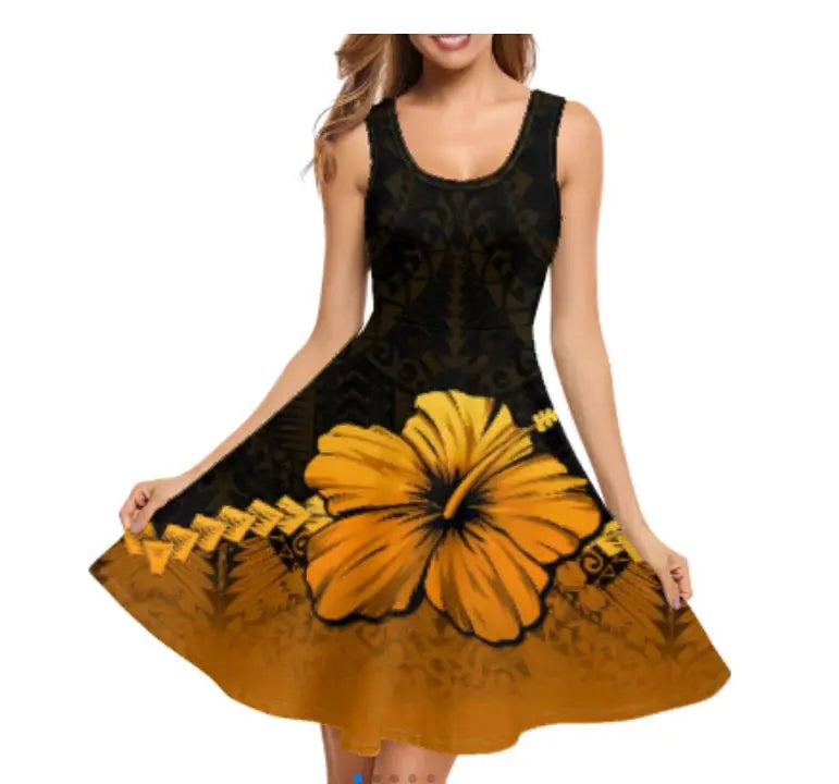 Print on Demand Wholesale Custom Blue Polynesian Pattern Women's Summer Spaghetti Strap Casual Swing Tank Beach Cover up Dress Boutique Mélange Parfait