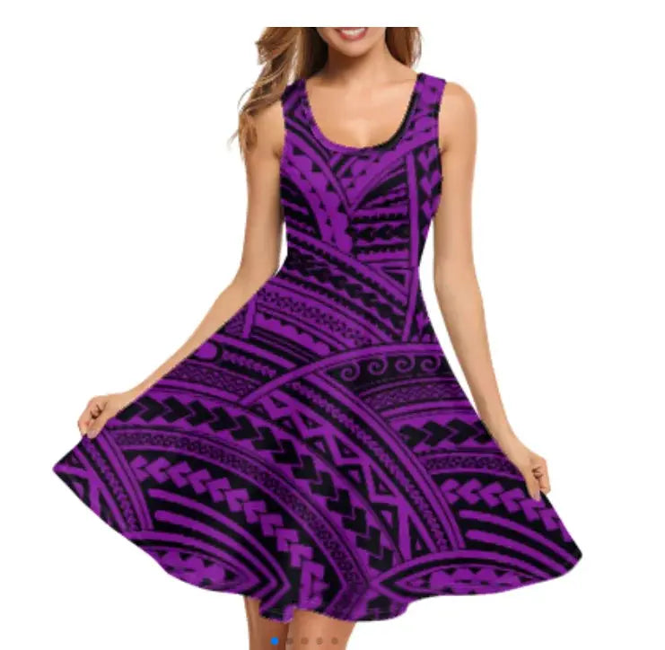 Print on Demand Wholesale Custom Blue Polynesian Pattern Women's Summer Spaghetti Strap Casual Swing Tank Beach Cover up Dress Boutique Mélange Parfait