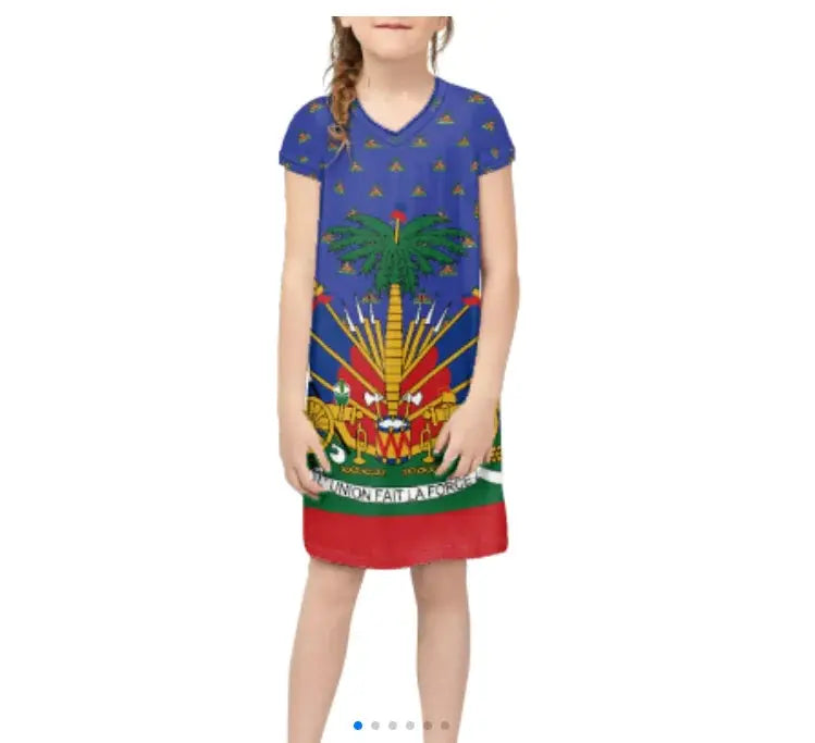 Promotional Custom Wholesale Breathable Luxury Haitian Dress Haiti Flag Kids Dresses for Girls Dresses 2-12 Children Clothing Boutique Mélange Parfait