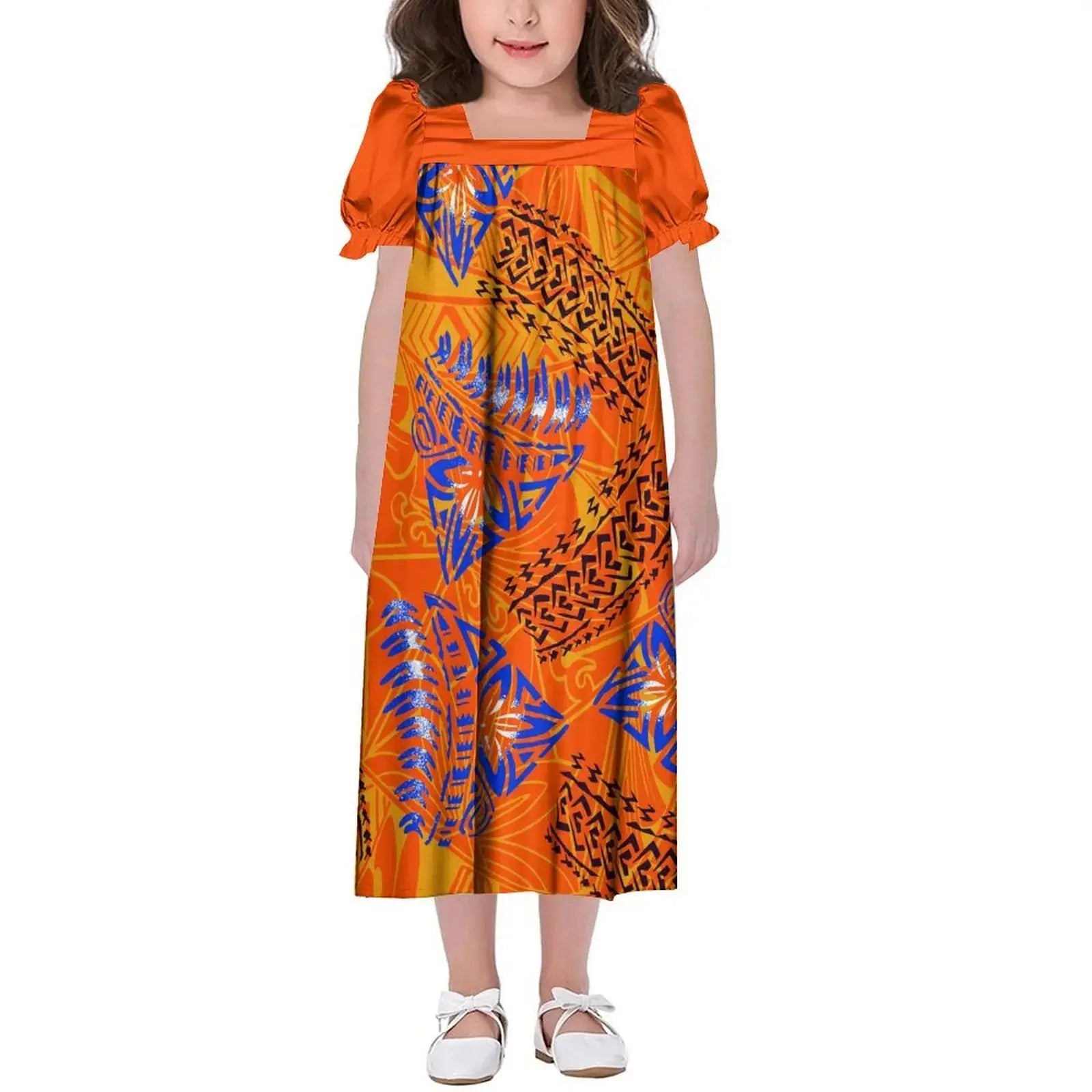 New Design Customized Polynesian Tribal Printed Girls Micronesian Mumu Children Clothing Kids Puff Sleeve Puffy Dress for Girls Boutique Mélange Parfait