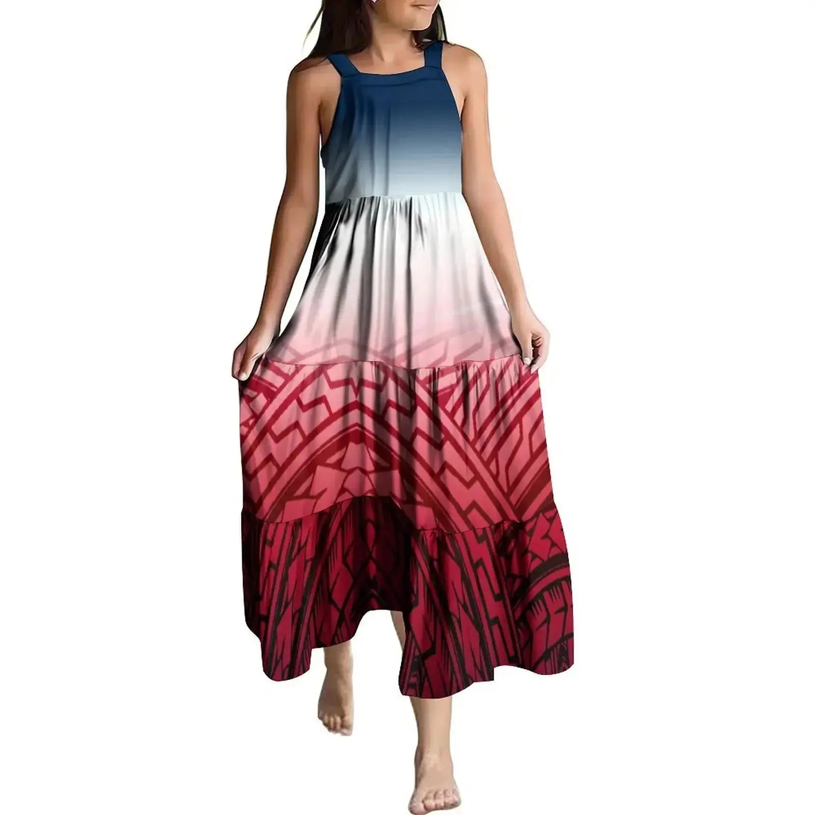 Hawaiian Style Tropical Floral Printing Sleeveless Sling Kids Dress Summer Beach Long Girls Dress OEM Custom Children Clothing Boutique Mélange Parfait