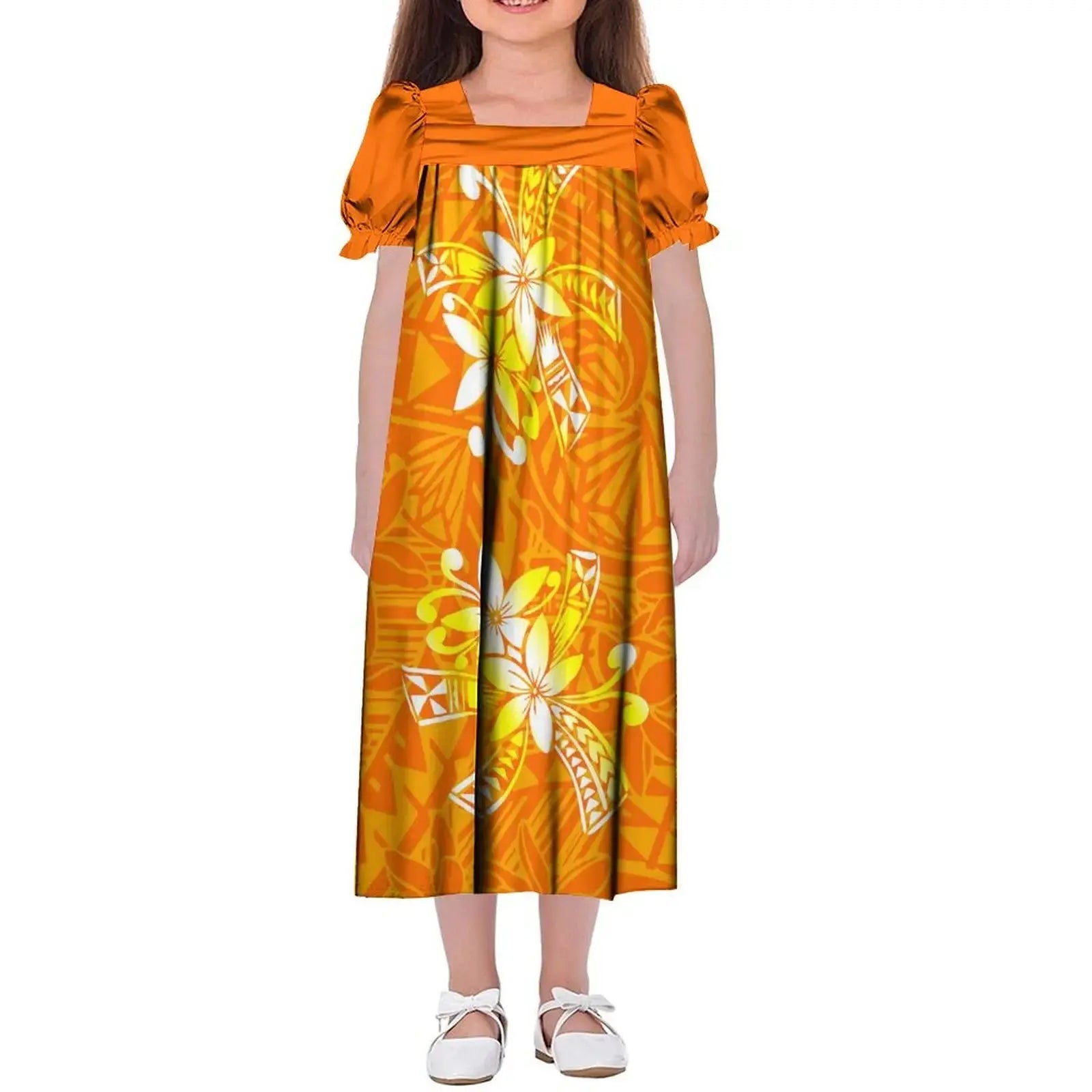 New Design Customized Polynesian Tribal Printed Girls Micronesian Mumu Children Clothing Kids Puff Sleeve Puffy Dress for Girls Boutique Mélange Parfait
