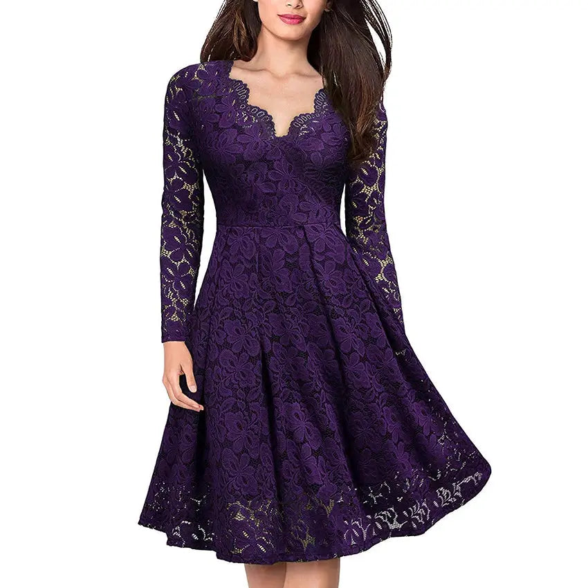 Spring Europe Women V-neck Lace Floral Elegant Casual Dress Lining Long Sleeve Fashion Lady Women Irregular A-line Party Dress Boutique Mélange Parfait