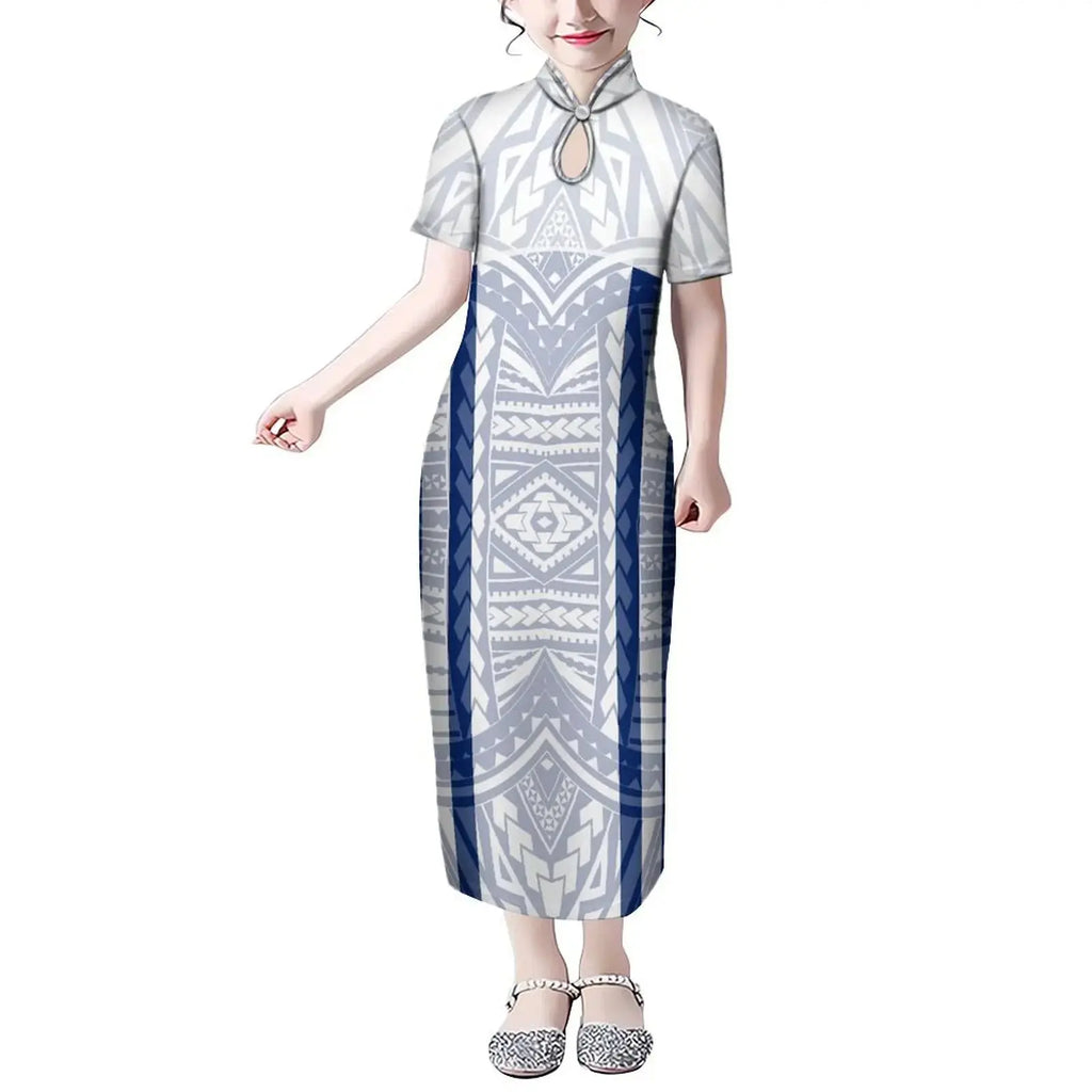 Mandarin Collar Short Sleeve Toddler Kids Dress Custom Hibiscus Flower Polynesian Tribal Printed Girls Dress Children Clothing Boutique Mélange Parfait