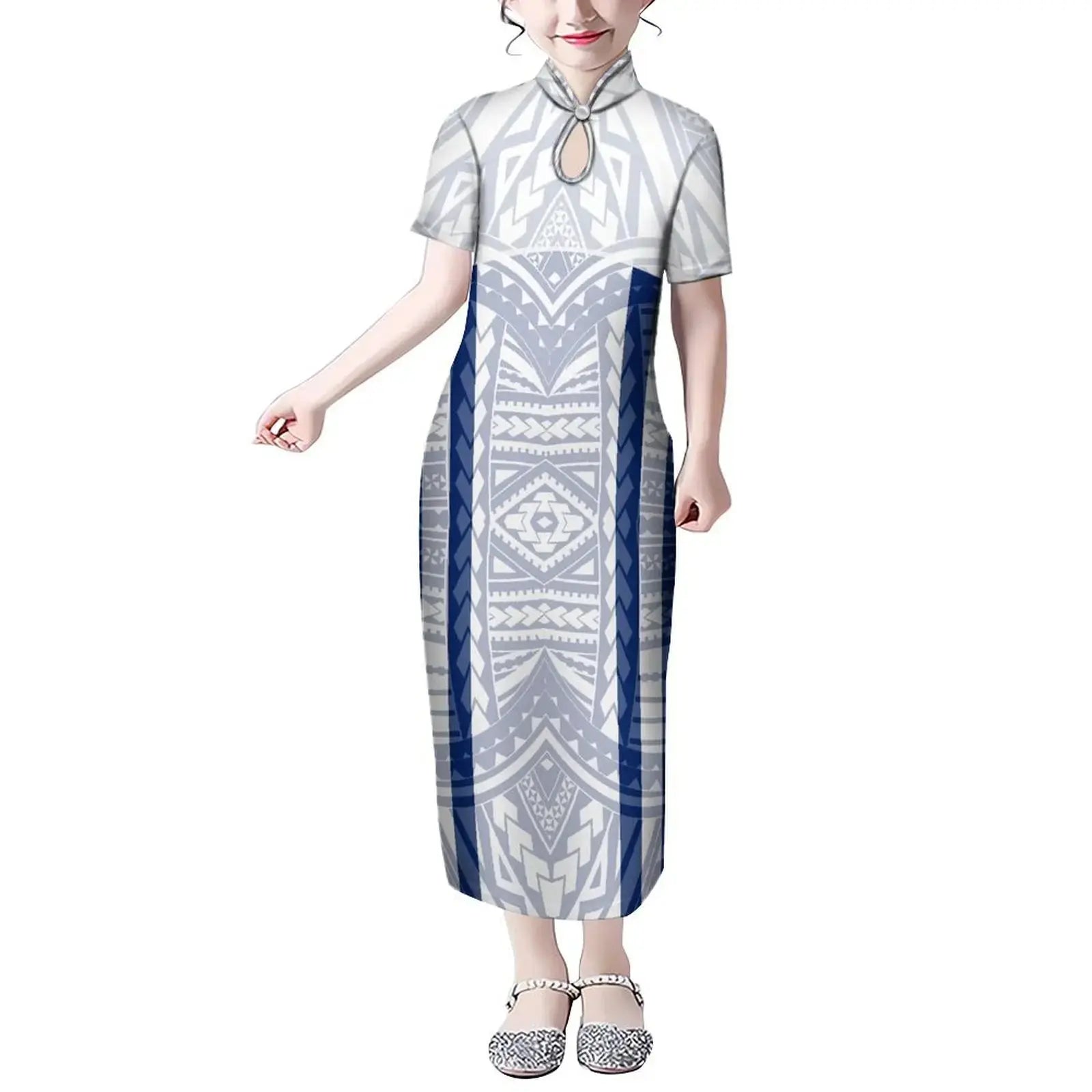 Mandarin Collar Short Sleeve Toddler Kids Dress Custom Hibiscus Flower Polynesian Tribal Printed Girls Dress Children Clothing Boutique Mélange Parfait