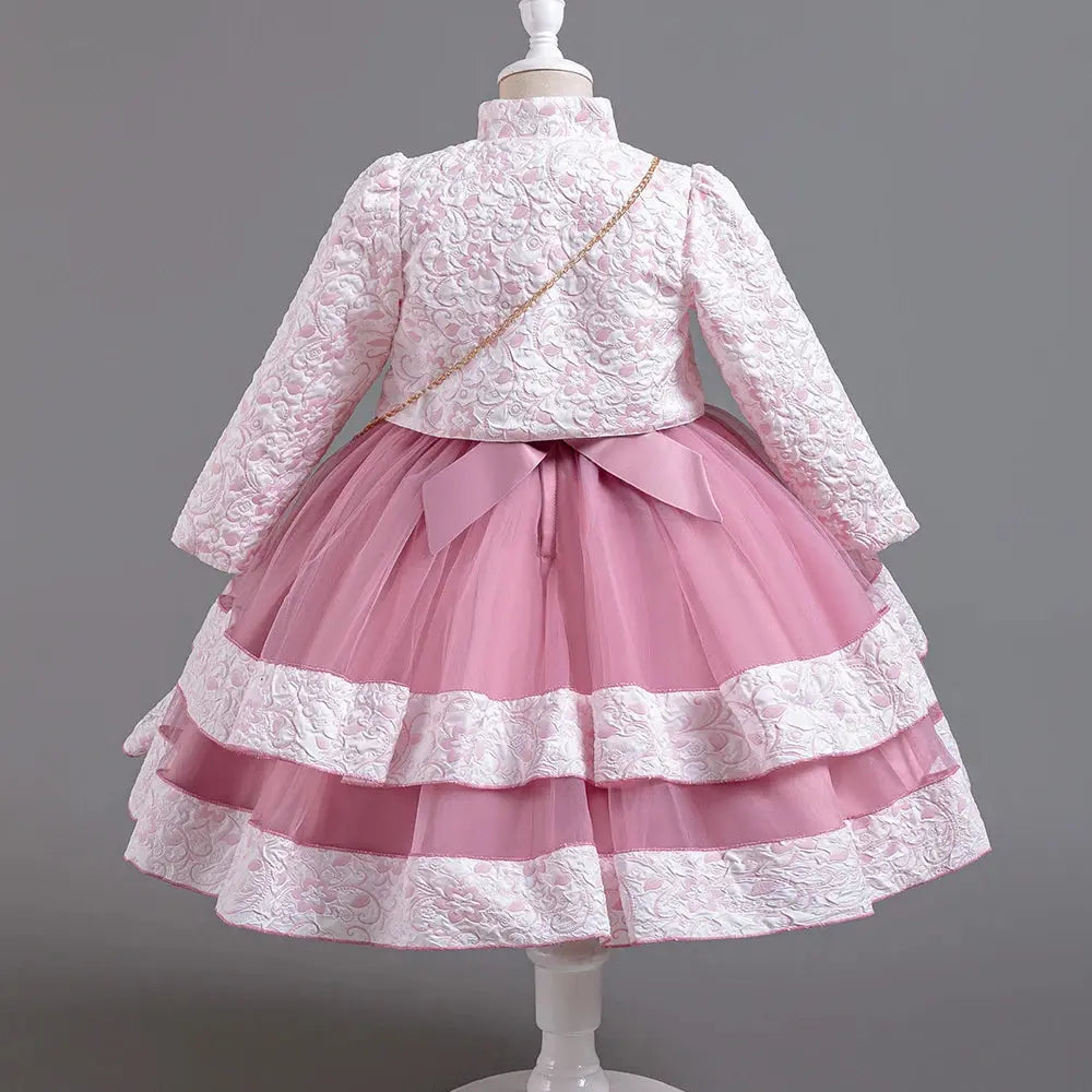Puffy Dress for Girls Jacquard Pattern Tulle Patchwork Children Clothing 3D Appliques Casual Birthday Dresses Boutique Mélange Parfait