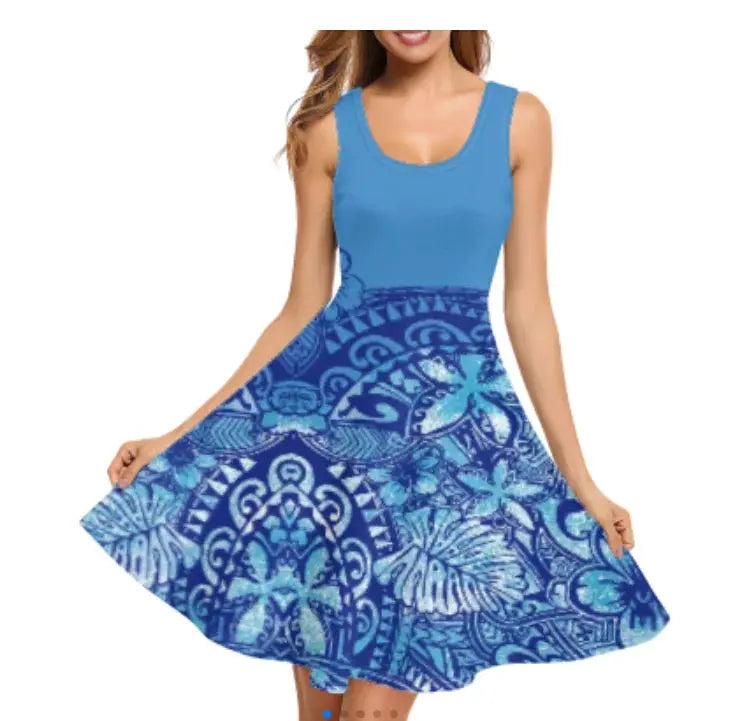 Print on Demand Wholesale Custom Blue Polynesian Pattern Women's Summer Spaghetti Strap Casual Swing Tank Beach Cover up Dress Boutique Mélange Parfait