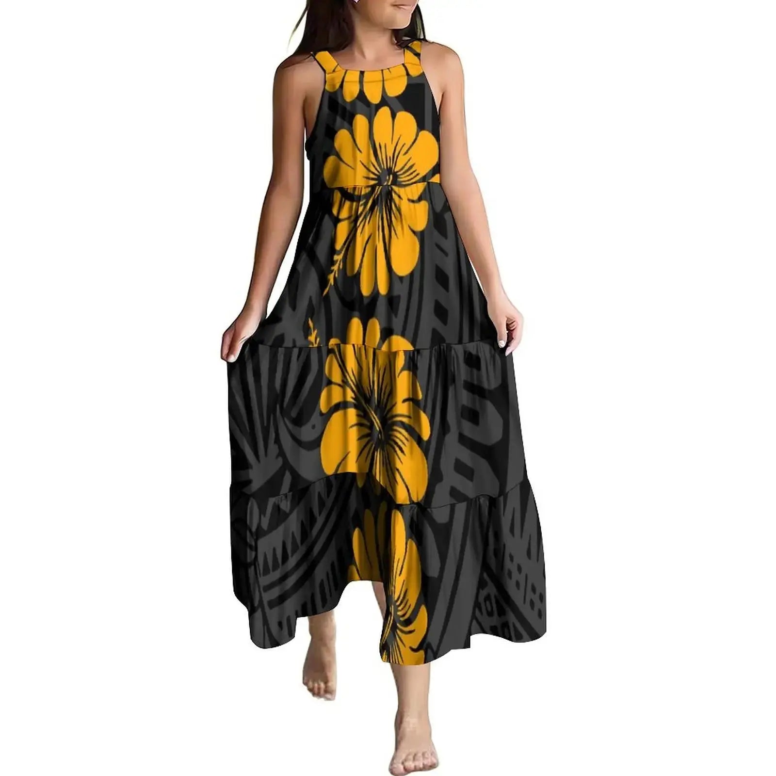 Hawaiian Style Tropical Floral Printing Sleeveless Sling Kids Dress Summer Beach Long Girls Dress OEM Custom Children Clothing Boutique Mélange Parfait