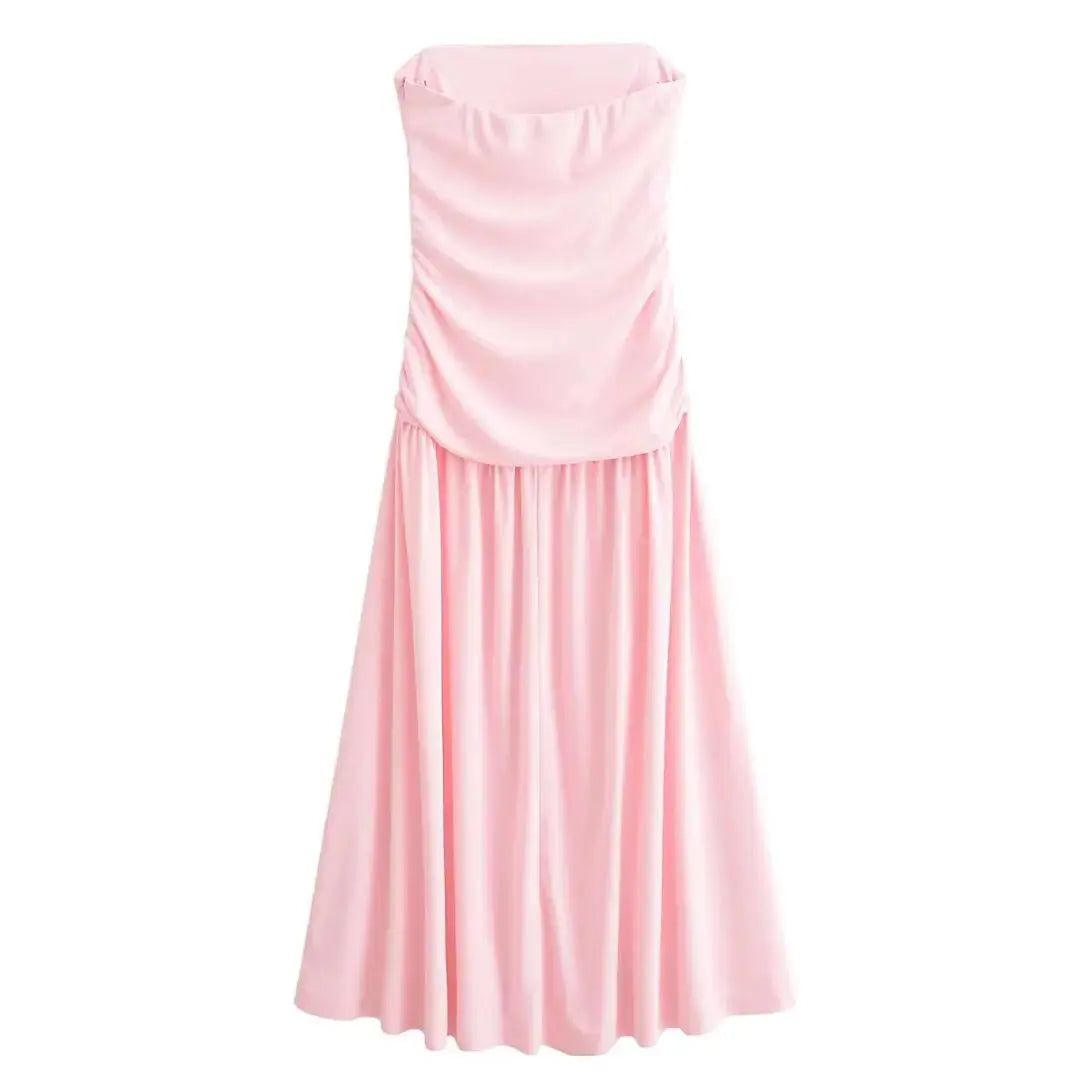 KAR&OT ZA 2025 Spring Women's New Arrivals Pleated Decorated Tube Top Sleeveless Long Slim Midi Dress 2421262 Boutique Mélange Parfait