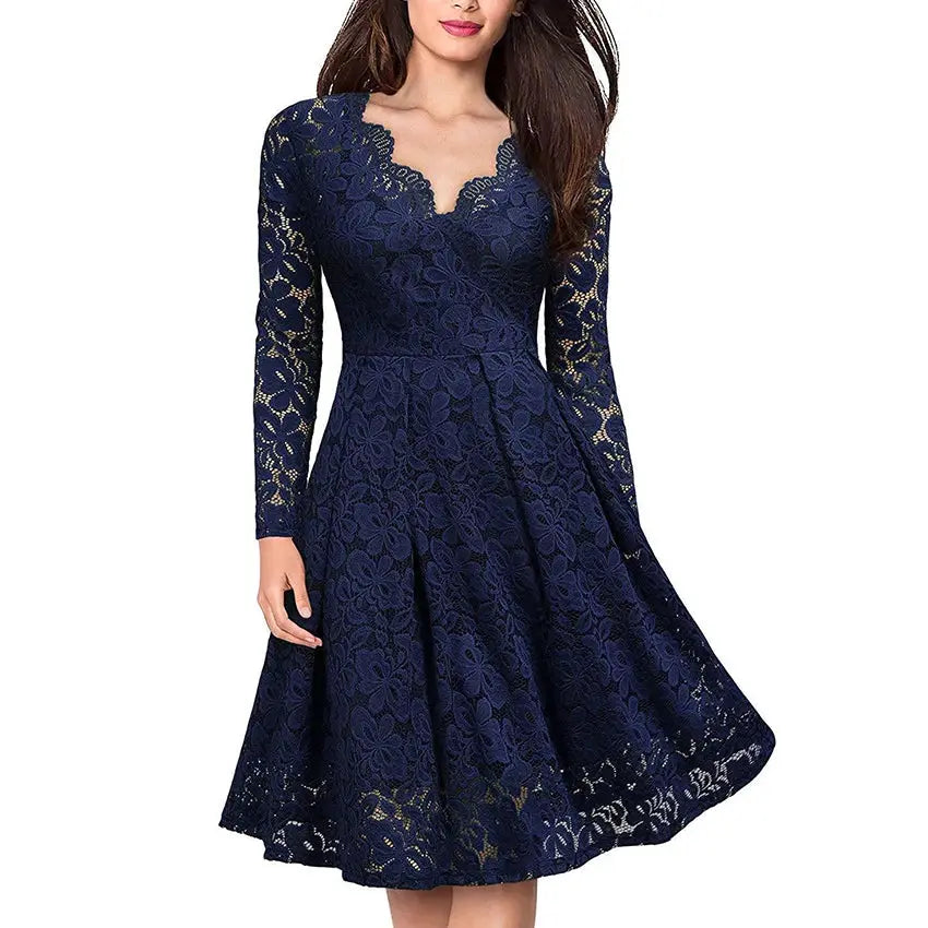 Spring Europe Women V-neck Lace Floral Elegant Casual Dress Lining Long Sleeve Fashion Lady Women Irregular A-line Party Dress Boutique Mélange Parfait