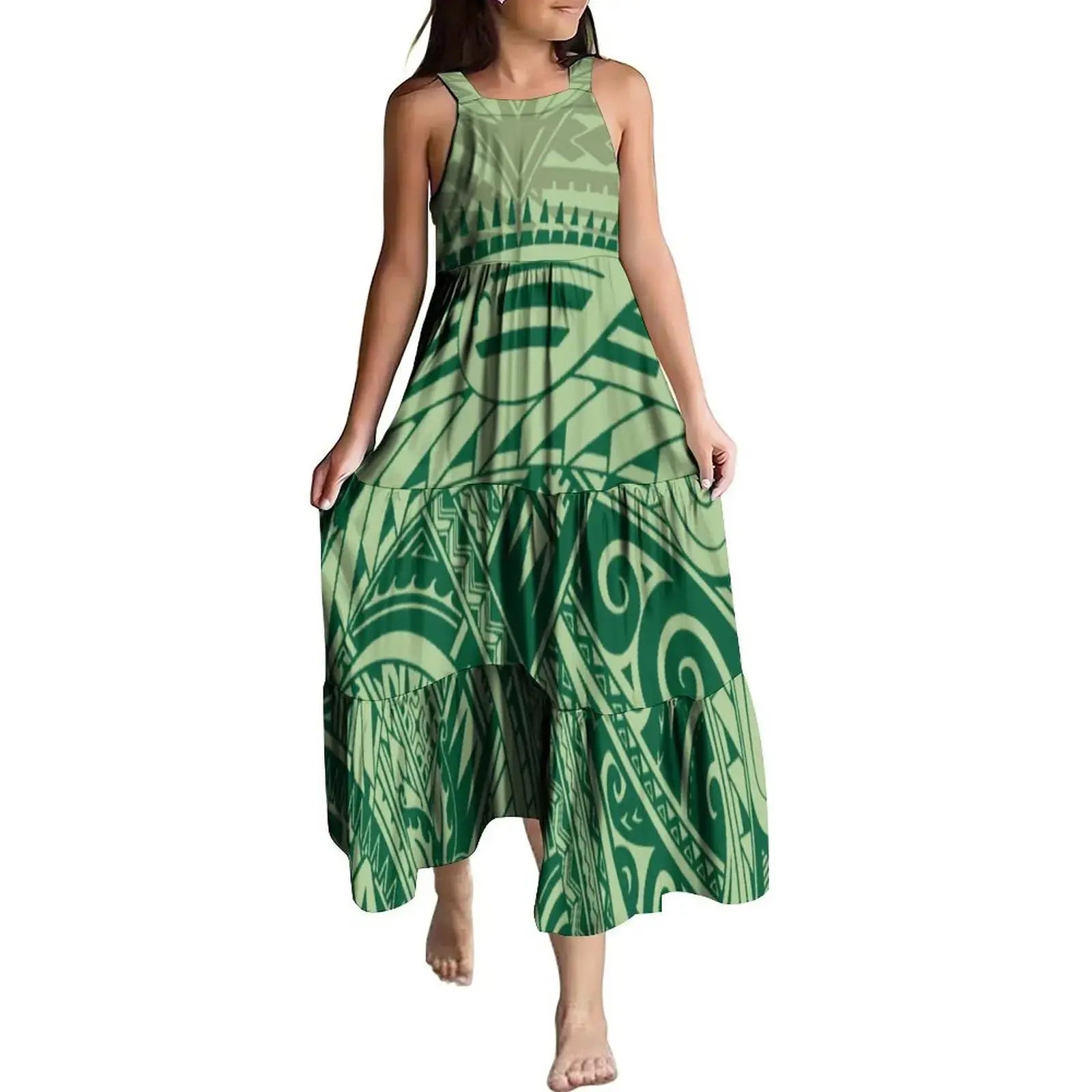 Hawaiian Style Tropical Floral Printing Sleeveless Sling Kids Dress Summer Beach Long Girls Dress OEM Custom Children Clothing Boutique Mélange Parfait