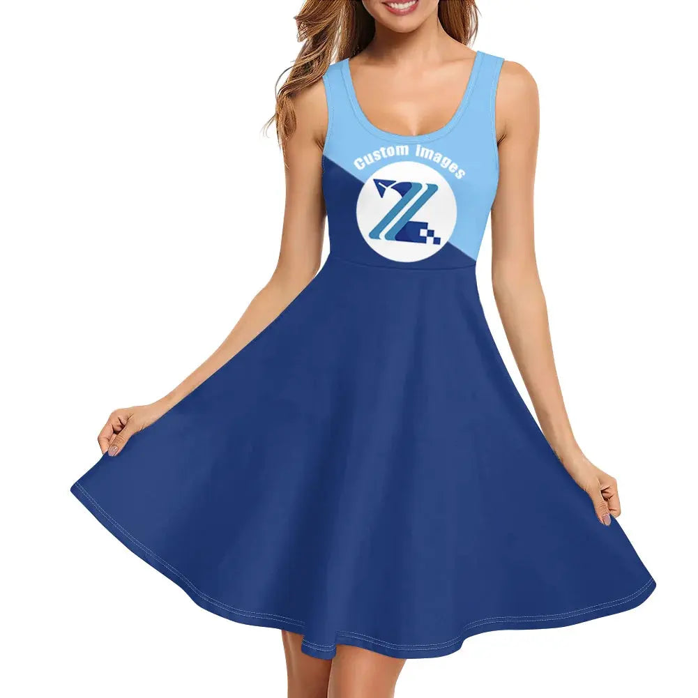 Print on Demand Wholesale Custom Blue Polynesian Pattern Women's Summer Spaghetti Strap Casual Swing Tank Beach Cover up Dress Boutique Mélange Parfait