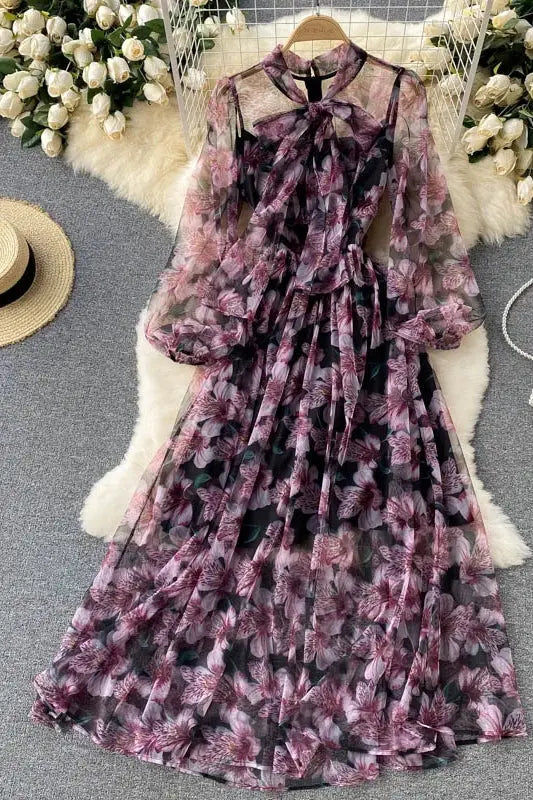 Long Sleeve O-Neck Print A-Line Dress Autumn Simple Chiffon High Waist Maxi Dress Ladies Casual Dress Clothes Women Wholesale Boutique Mélange Parfait
