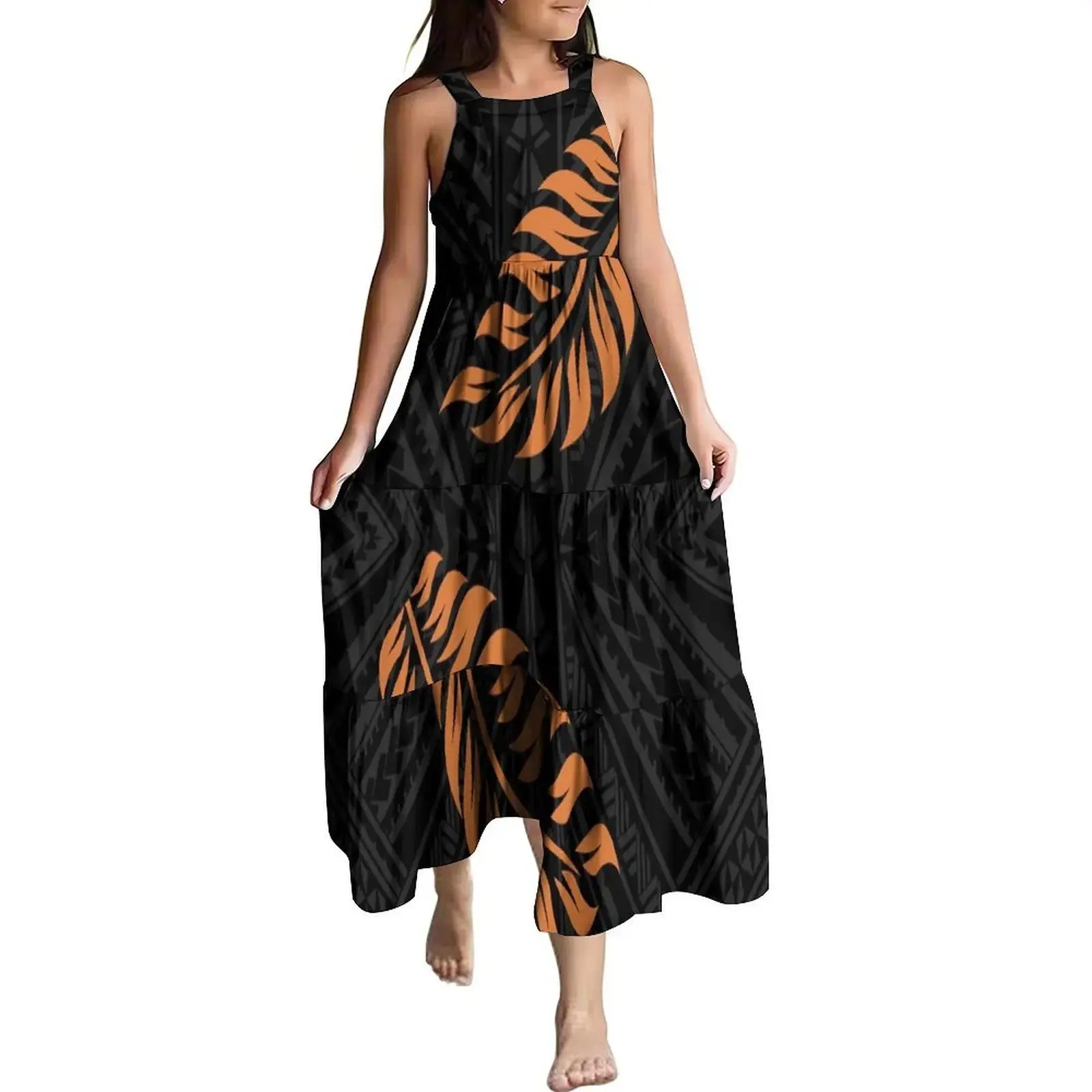 Hawaiian Style Tropical Floral Printing Sleeveless Sling Kids Dress Summer Beach Long Girls Dress OEM Custom Children Clothing Boutique Mélange Parfait