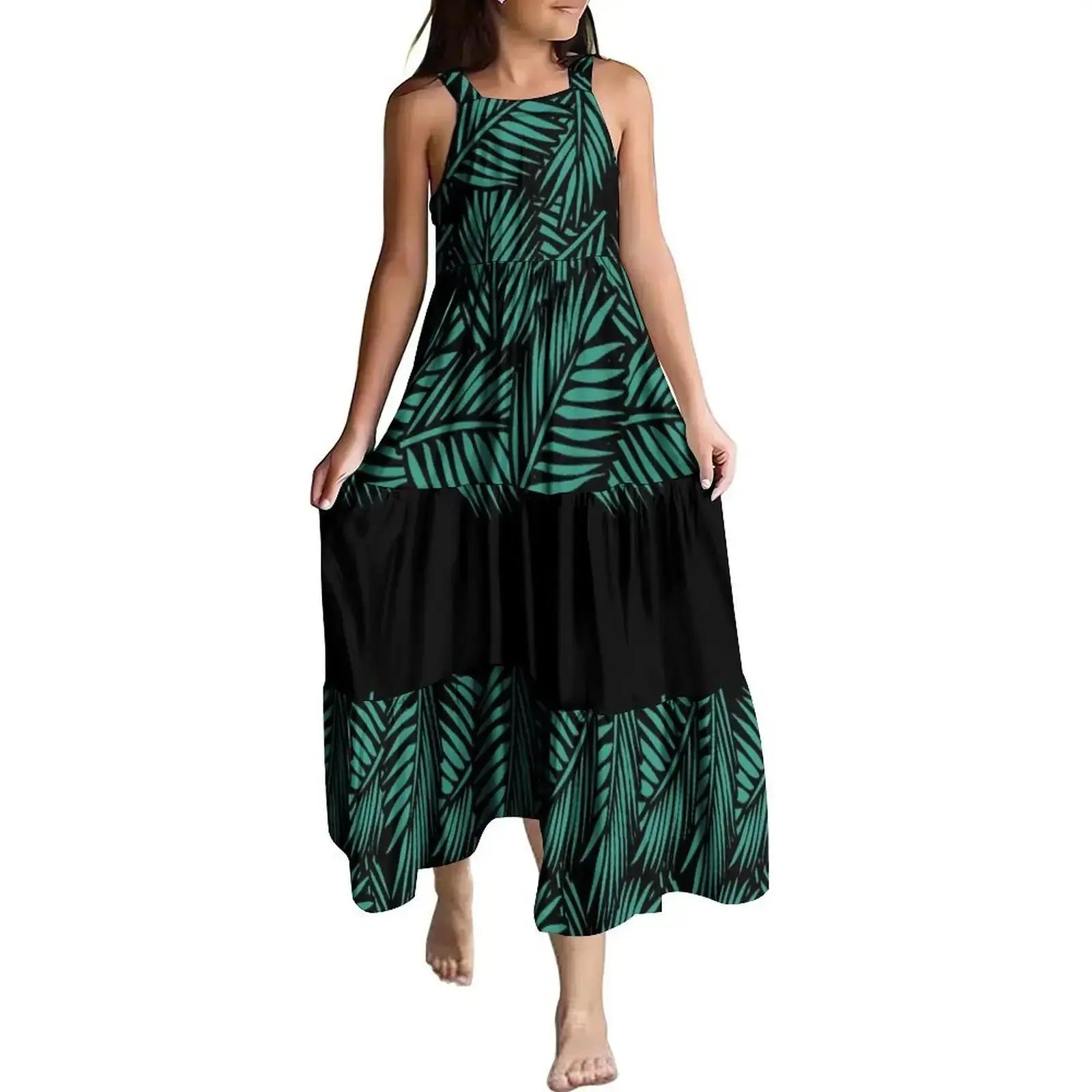 Hawaiian Style Tropical Floral Printing Sleeveless Sling Kids Dress Summer Beach Long Girls Dress OEM Custom Children Clothing Boutique Mélange Parfait